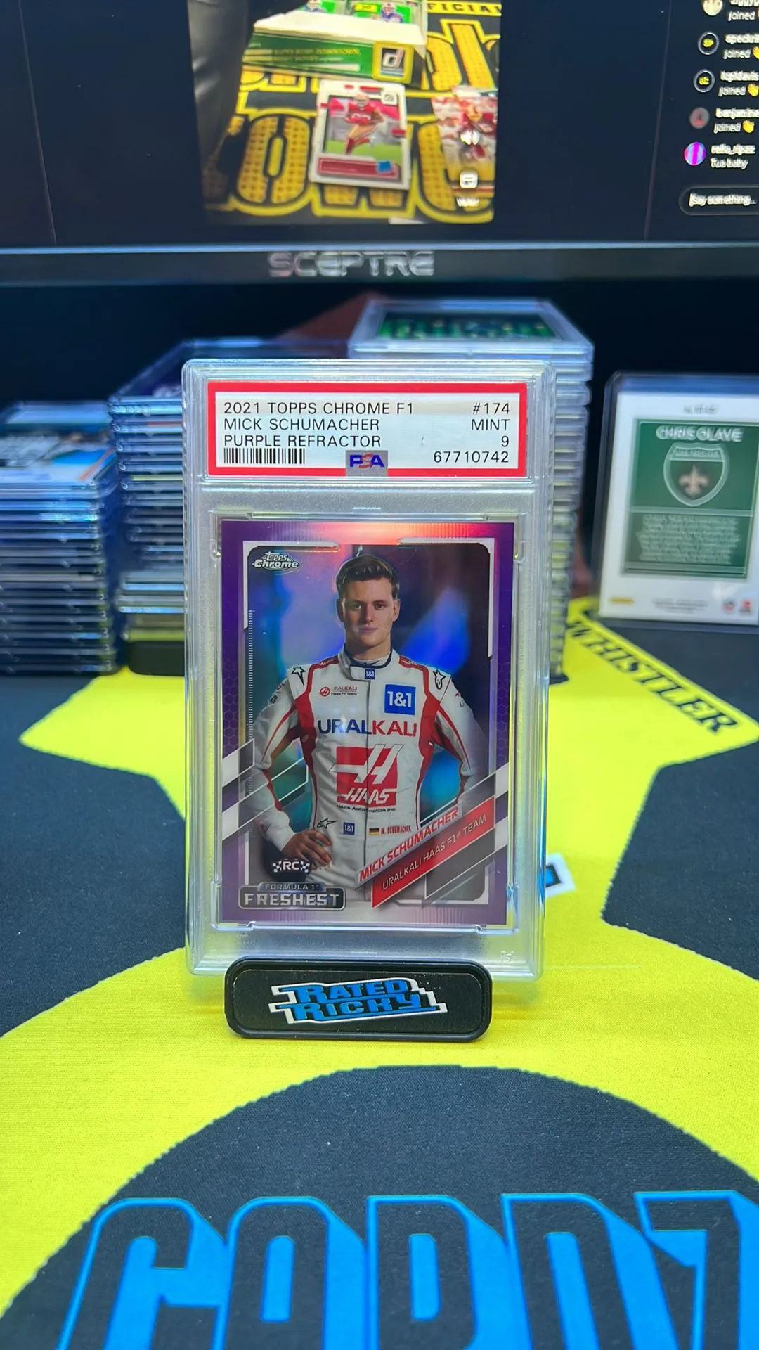 Product image for 2021 Topps Chrome Formula 1 Mick Schumacher Purple Refractor PSA MINT 9