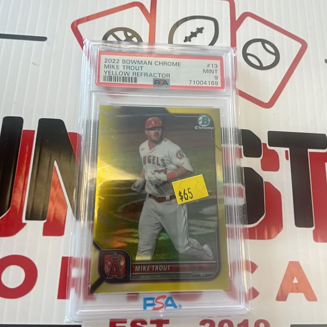 Product image for 2022 Bowman Chrome Mike Trout 13 Yellow Refractor PSA MINT 9