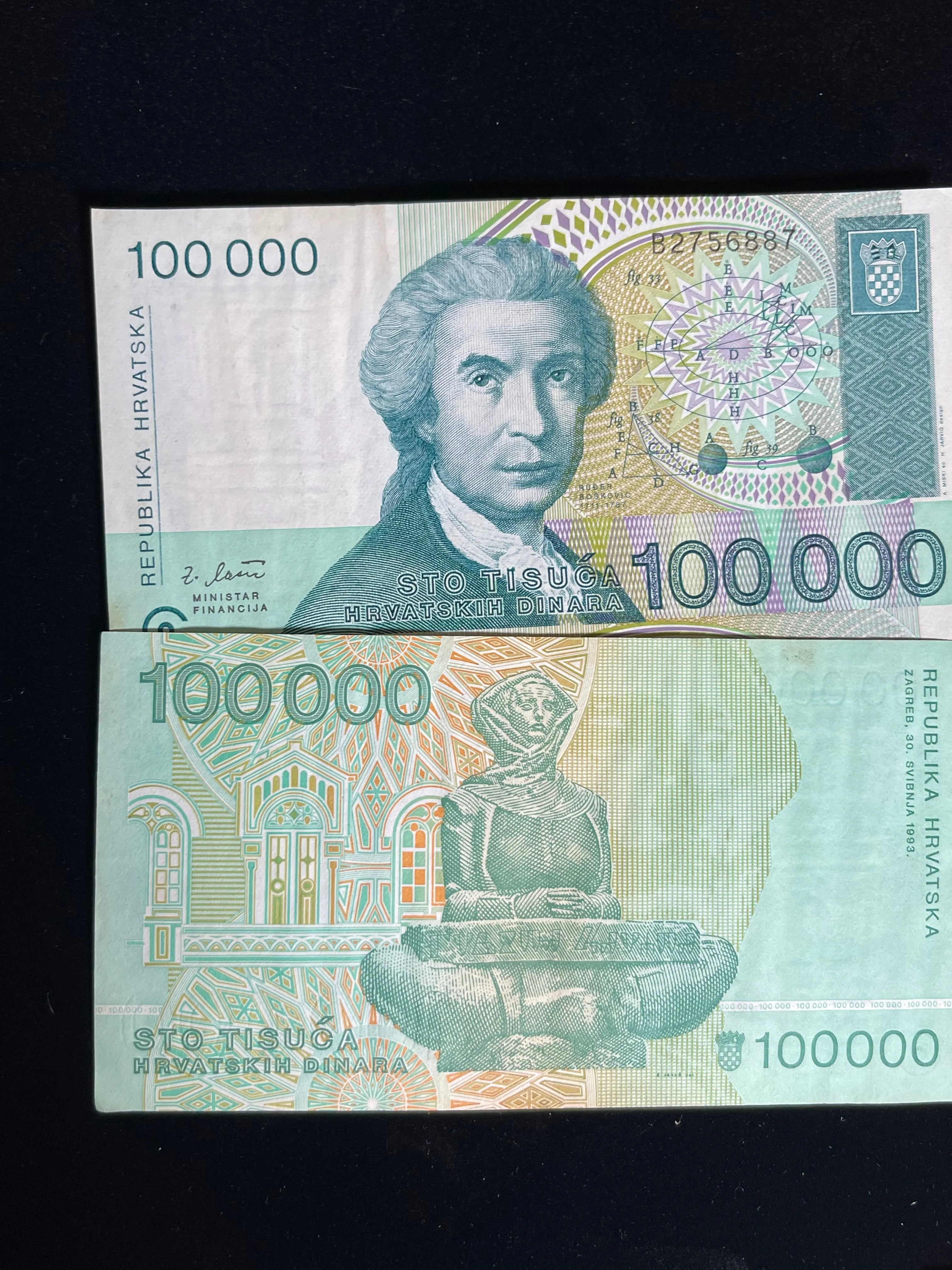 Product image for Banknote, Croatia, 100,000 Dinara, 1993, 1993, KM:27A, UNC(64)