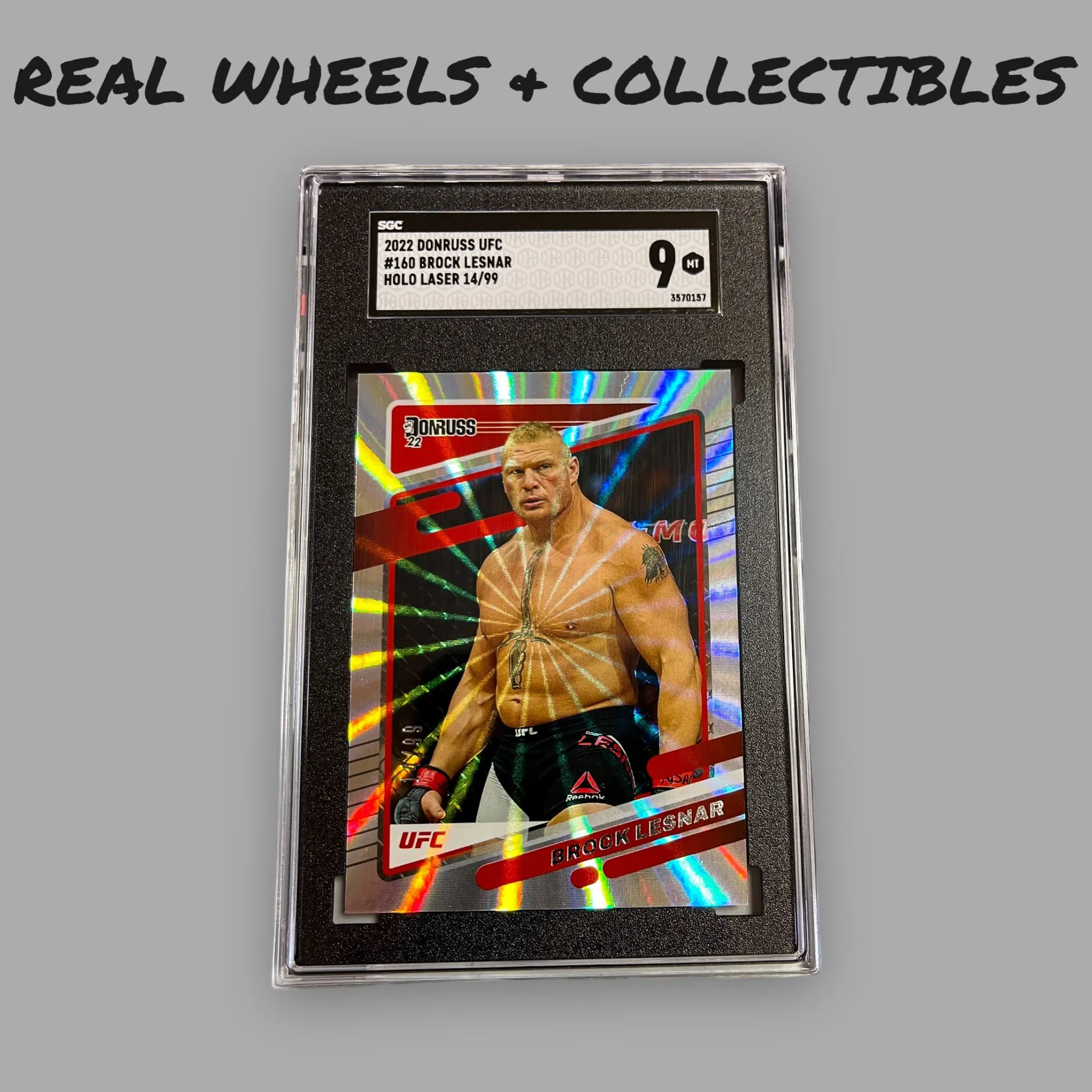 Product image for Brock Lesnar Holo Laser 14/99 2022 UFC Donruss #160 SGC 9 MT GRADED WWE