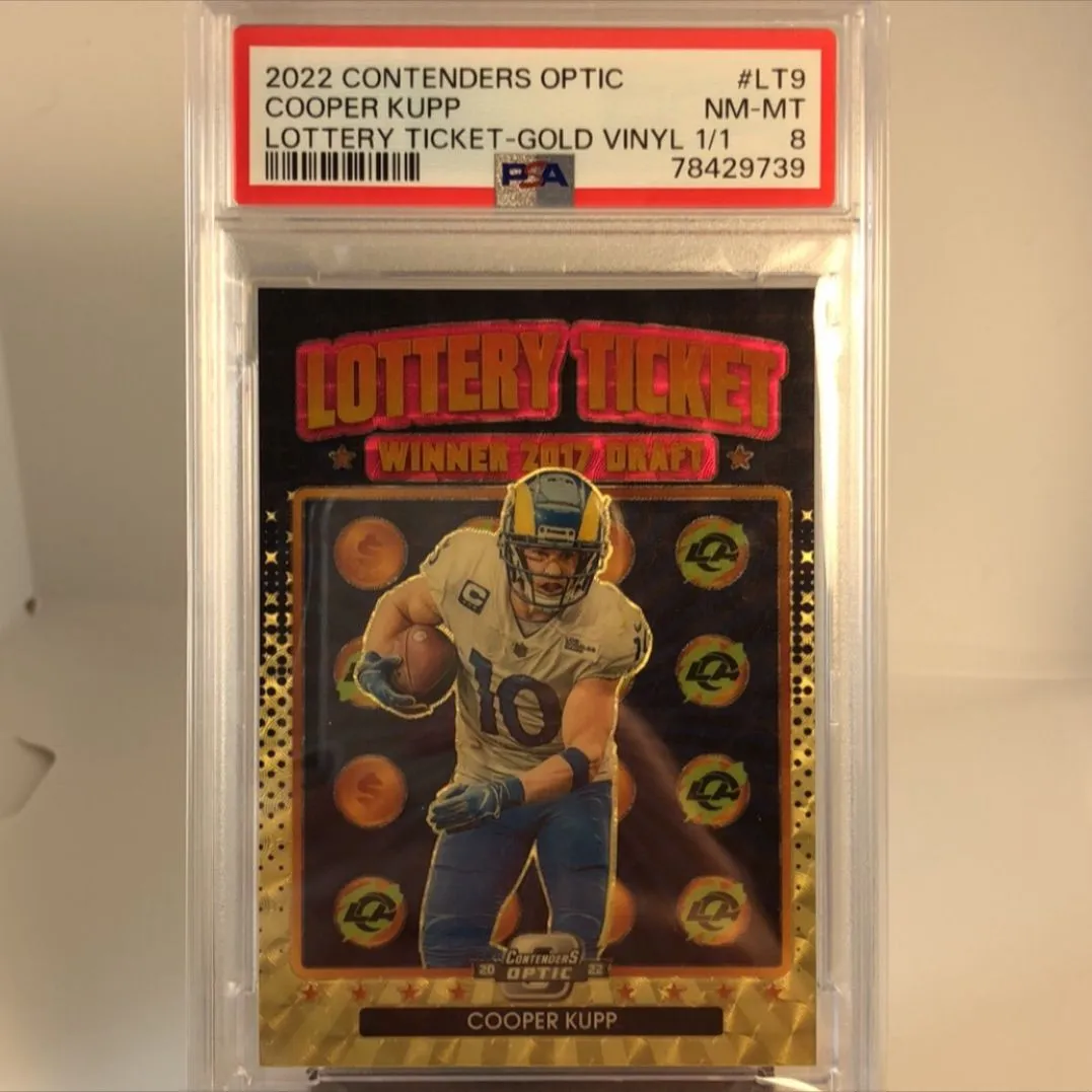 Product image for 2022 Panini Contenders Optic Lottery Ticket Cooper Kupp LT9 Lottery Ticket-Gold Vinyl 1/1 PSA NM-MT