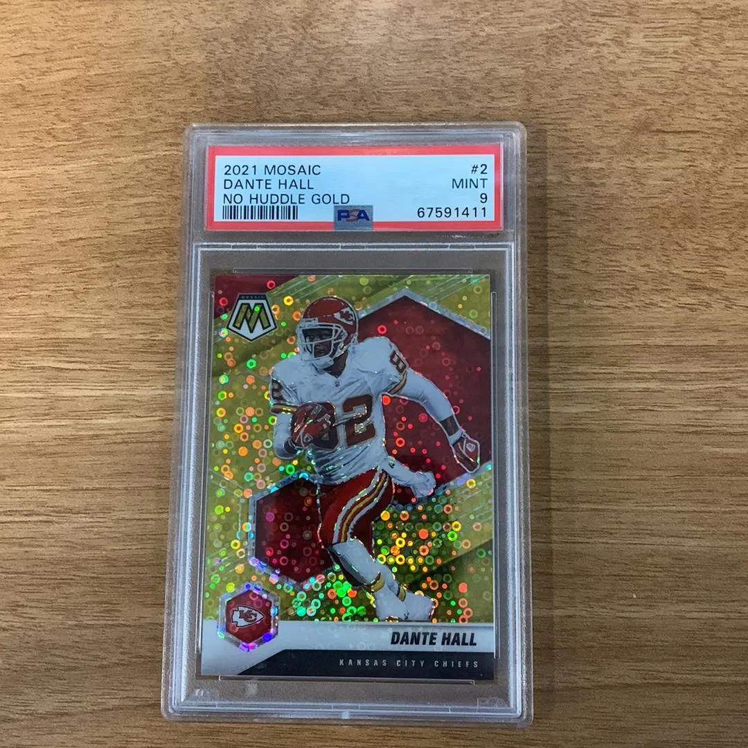 Product image for 2021 Mosaic Dante Hall No huddle Gold /10 PSA 9 #2 Chiefs