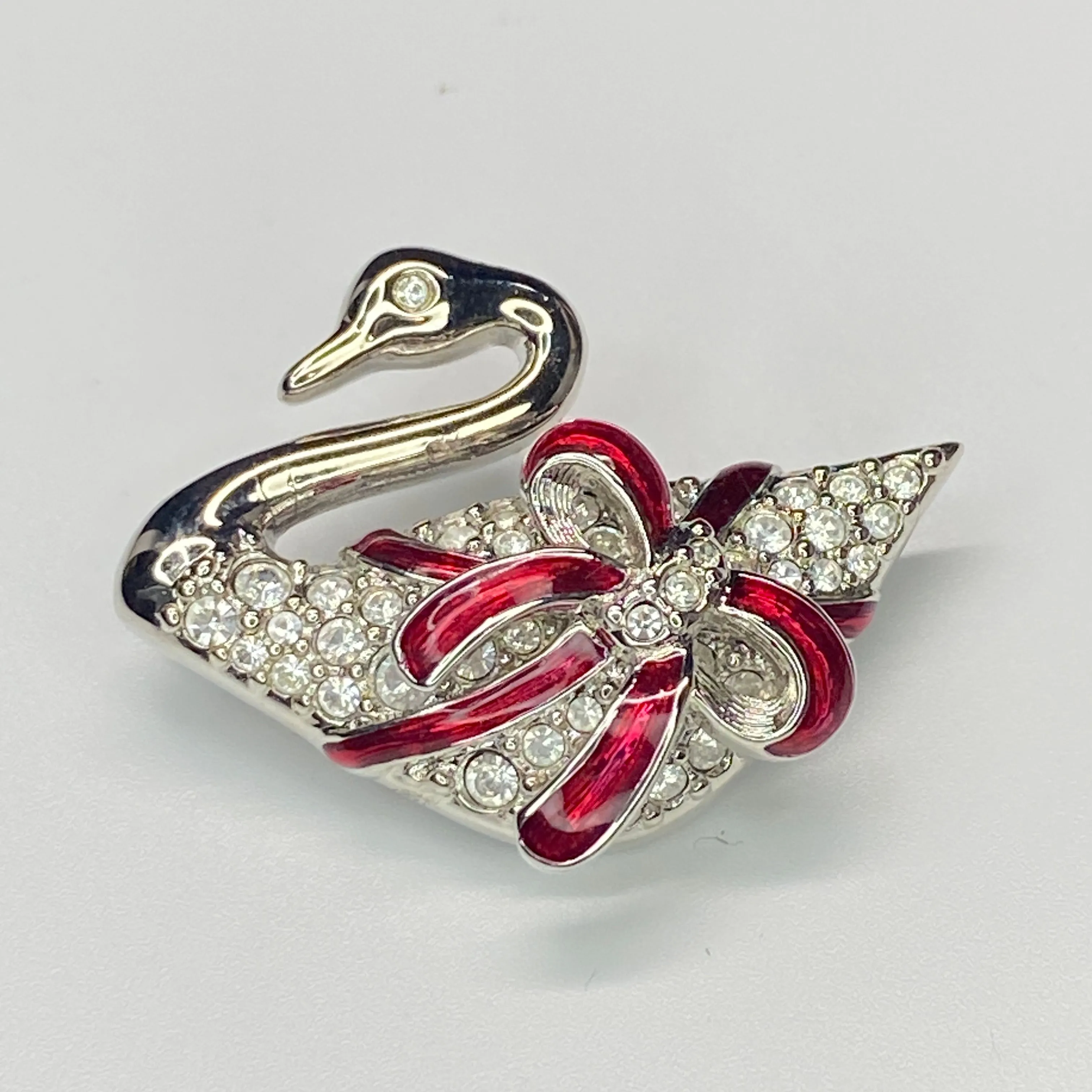 Product image for A497 Signed Swarovski Crystal Christmas Swan Silver Red Ribbon Bow Pin Brooch Retired
