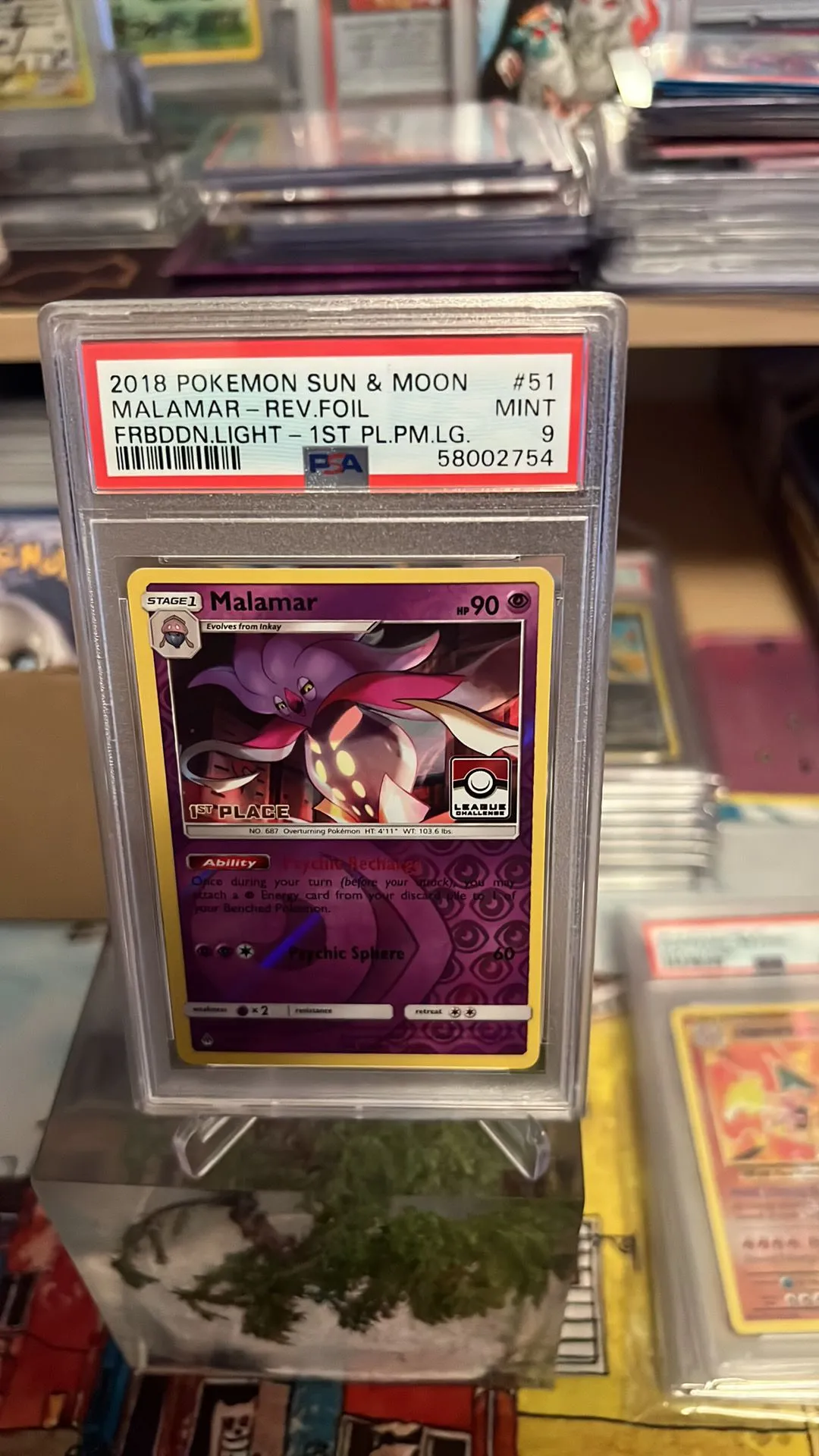 Product image for 2018 Pokemon Sun & Moon Forbidden Light Malamar-Rev.Foil Frbddn.Light-1St Pl.Pm.Lg. PSA MINT 9