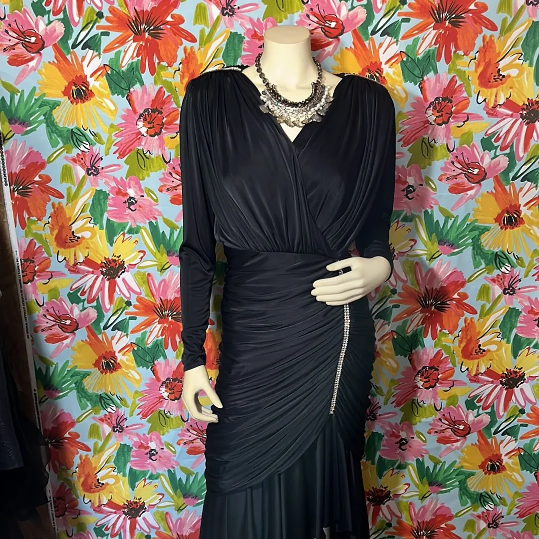 Product image for Beautiful Black Vintage Evening Gown with Diamond Accents on Shoulders And Side!