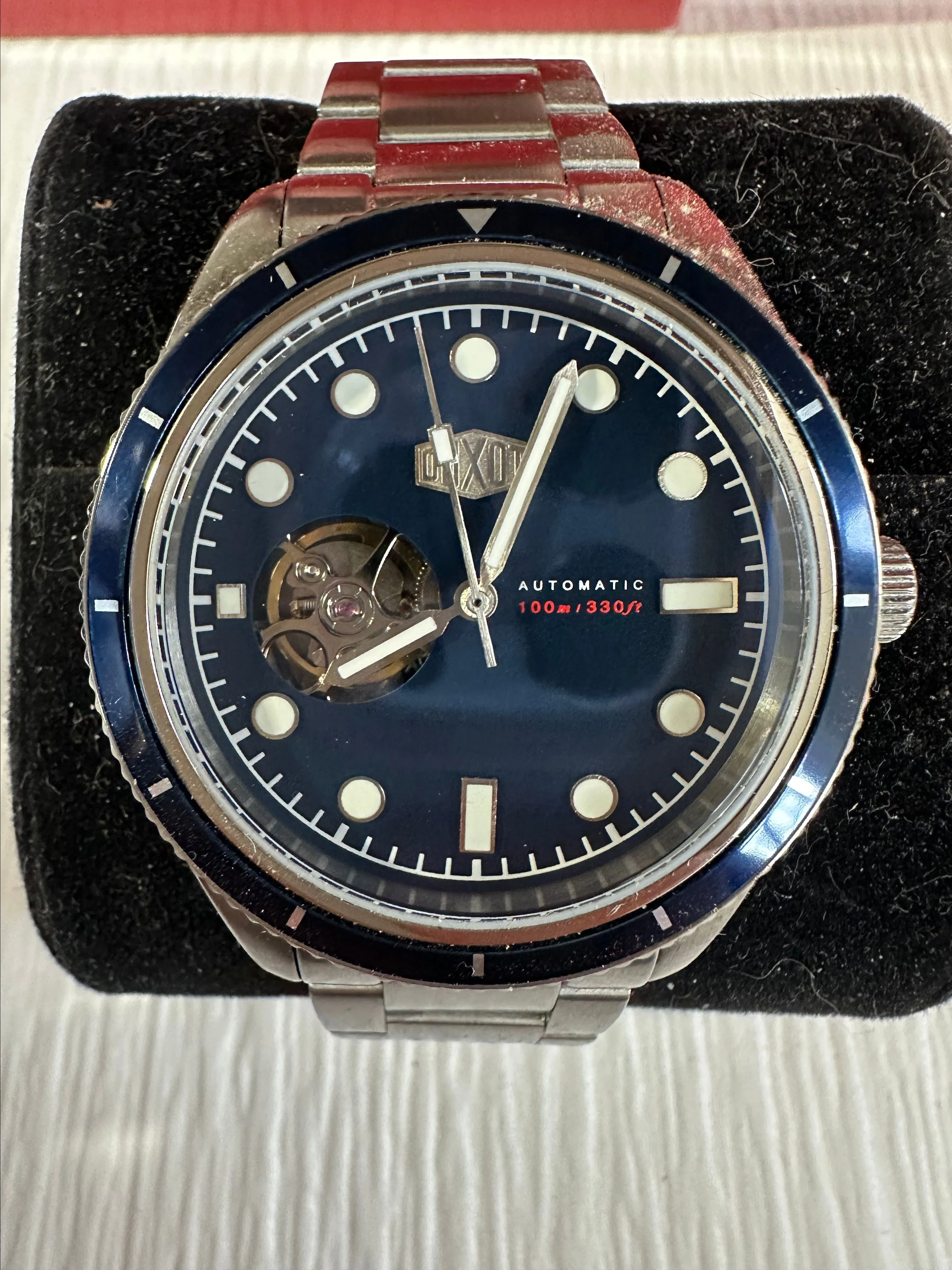 Product image for Men’s Duxot automatic exhibition back navy with heartbeat window dial butterfly clasp lume watch