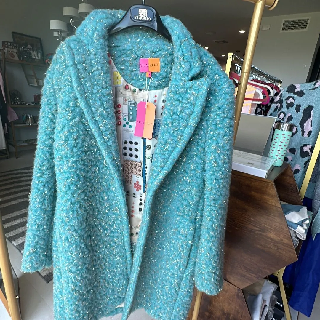 Product image for Turquoise fuzzy coat with metallic gold thread