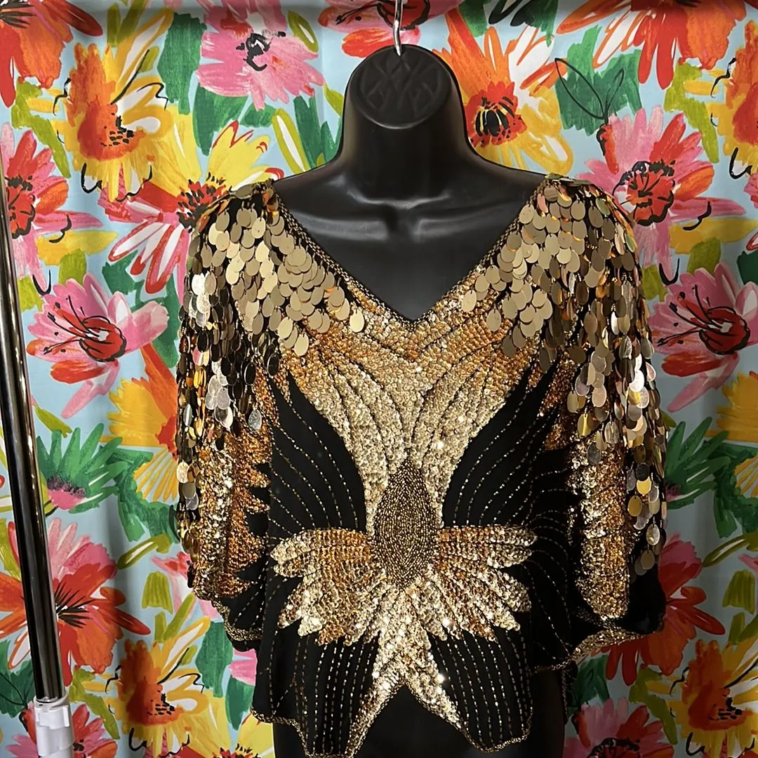 Product image for Greg Adam’s Black and Gold Sequin Formal Blouse Sz. S
