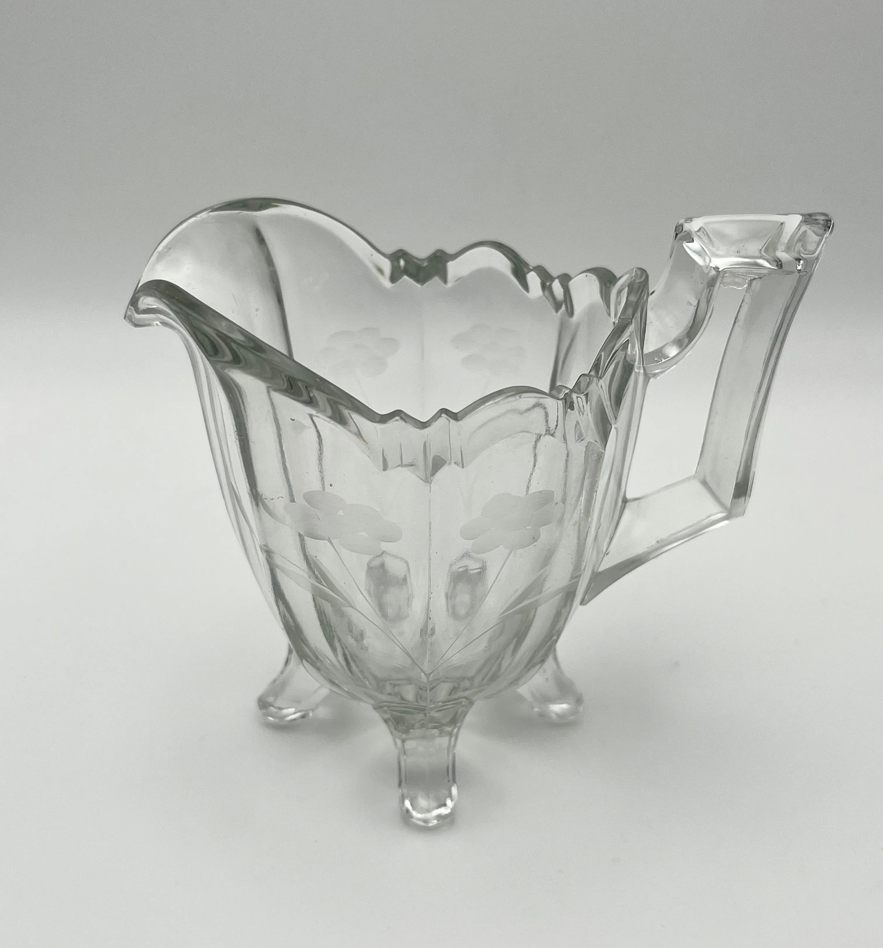 Product image for Antique HEISEY HOTEL PANELED GLASS CREAMER Etched Floral; 4 Toes; Trophy Handle