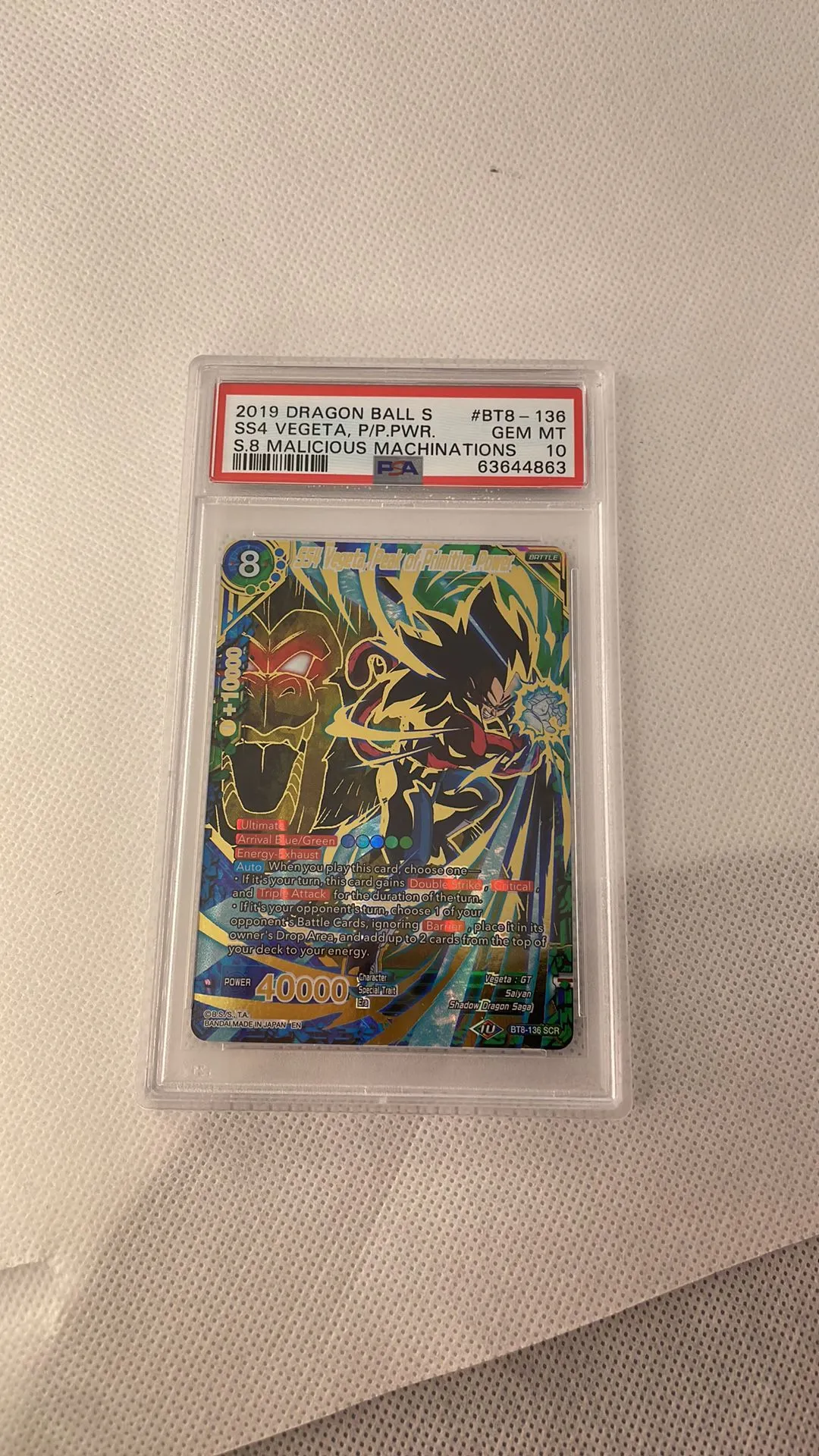 Product image for ss4 vegeta peak of primitive power bt8-136 scr psa 10 dragon ball super card game dbs