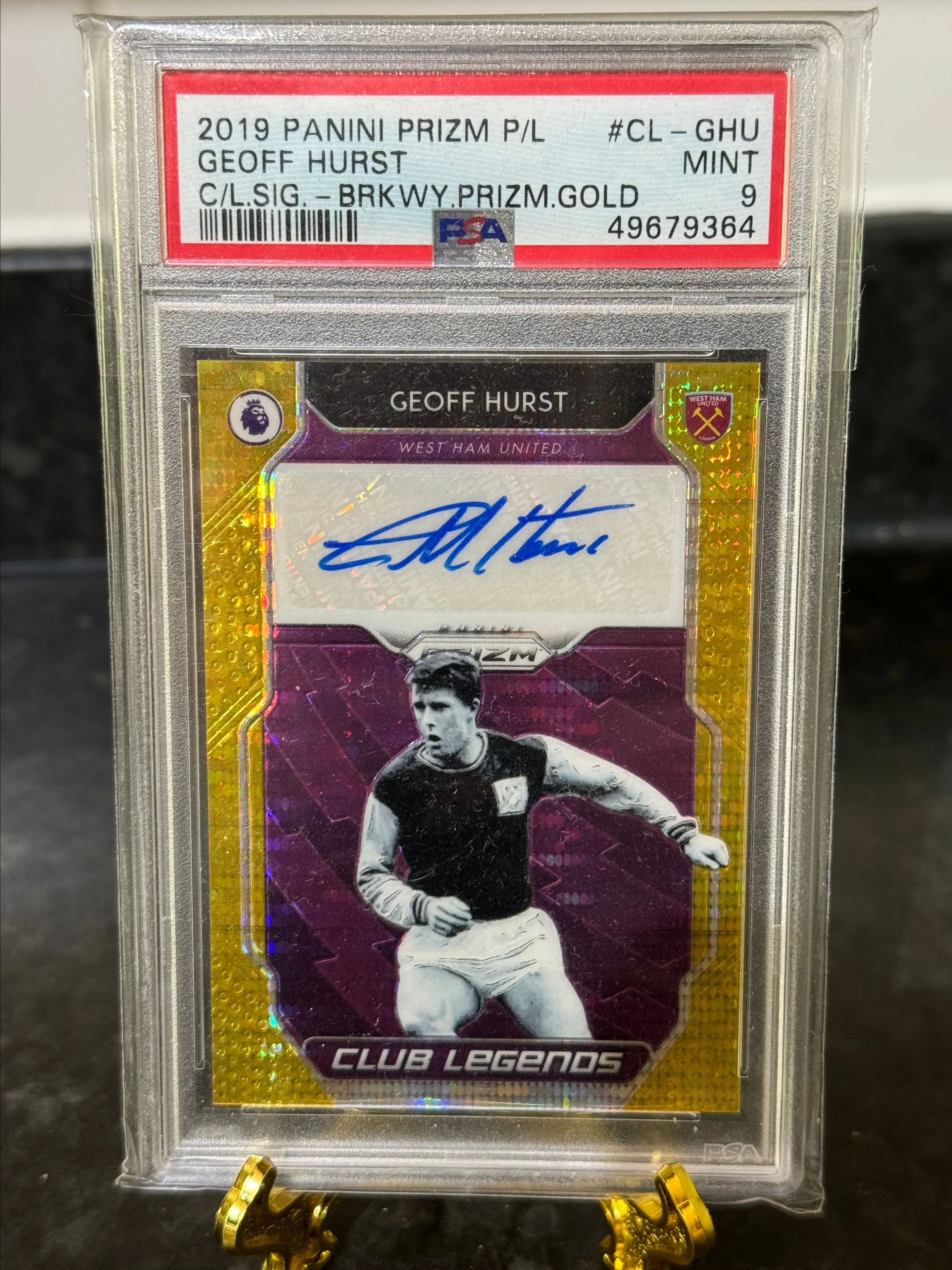 Product image for 2019-20 Geoff Hurst Prizm Breakaway Gold 10/10 Shirt Number PSA 9