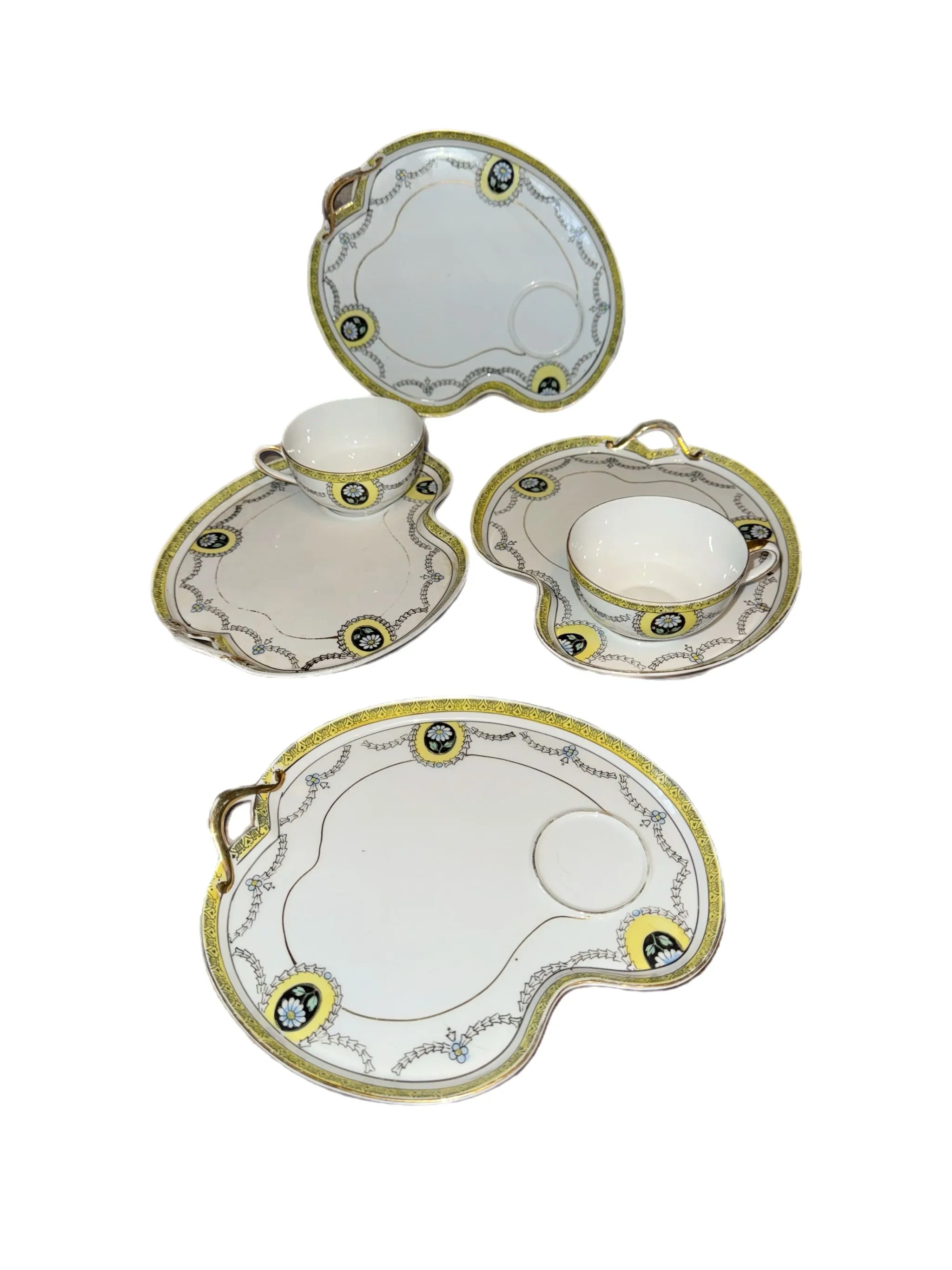 Product image for Vintage Noritake Morimura 4 Snack Plates 2 Cups  w/ Yellow, Black Swags & Daisy