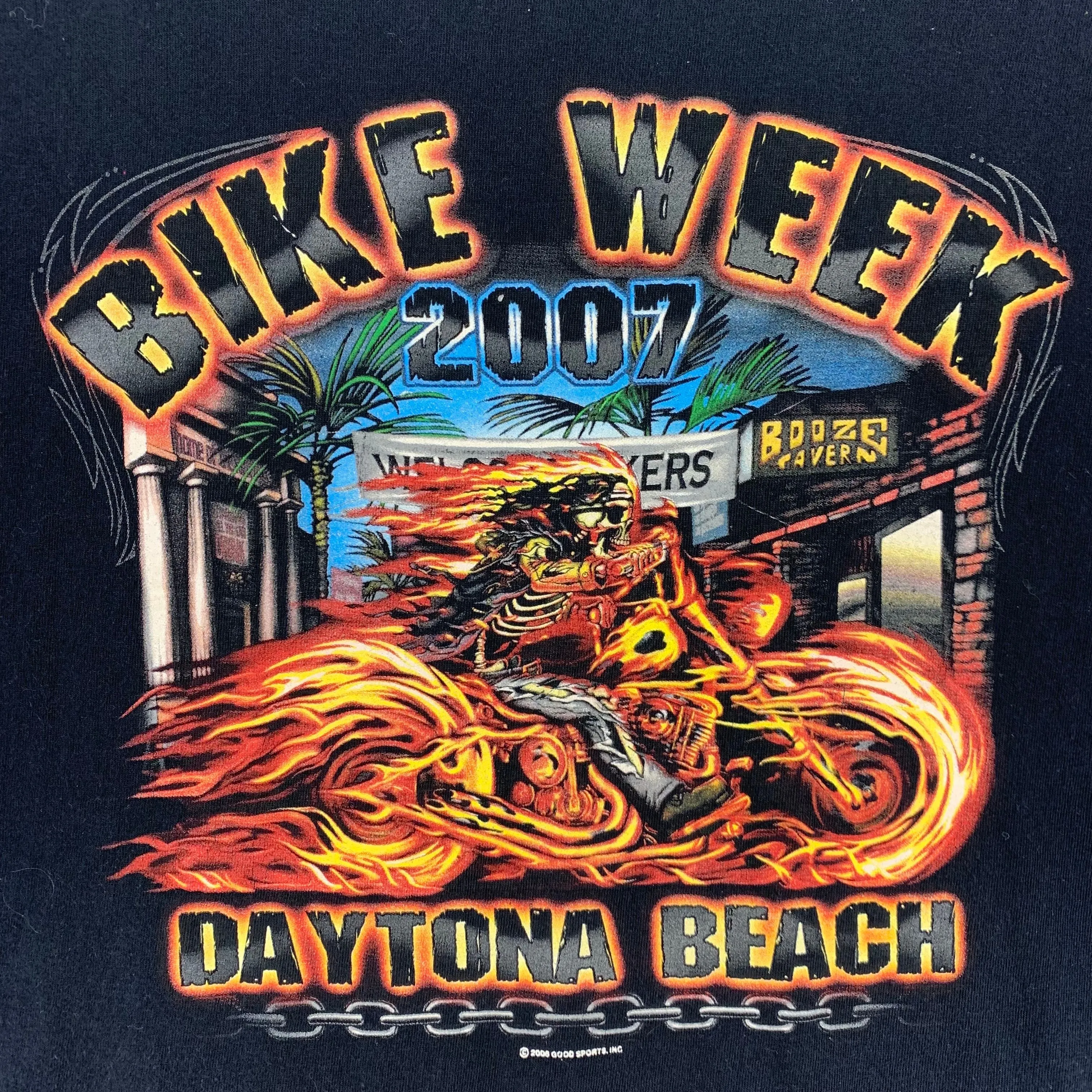 Product image for 2007 Daytona Bike Week Tee. Men’s XXL Black Flames Skulls Skeleton 66 years T-Shirt Motorcycle HD