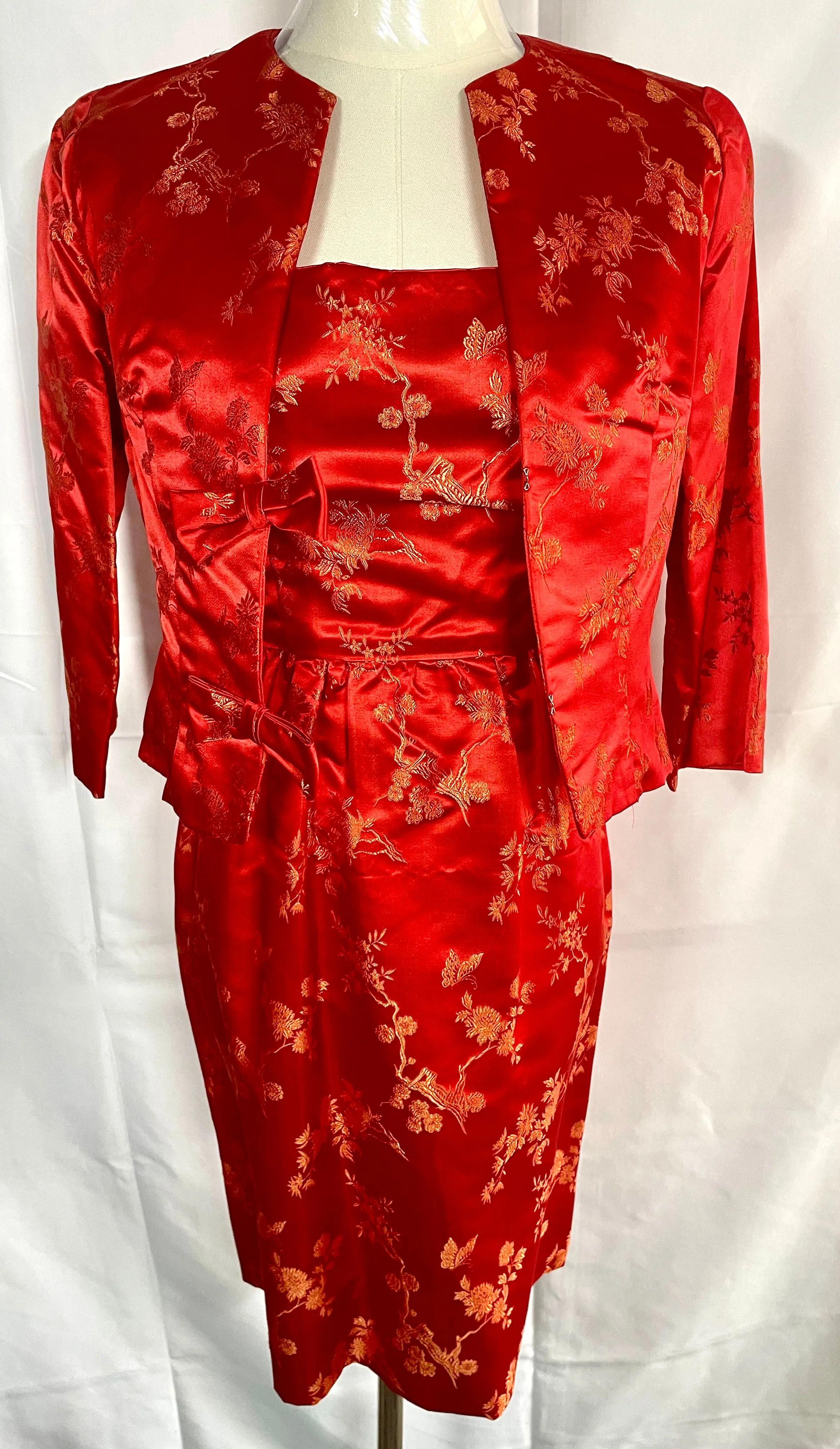 Product image for Red & Gold Chinese brocade silky 2-piece pencil dress & cropped jacket size XS handmade