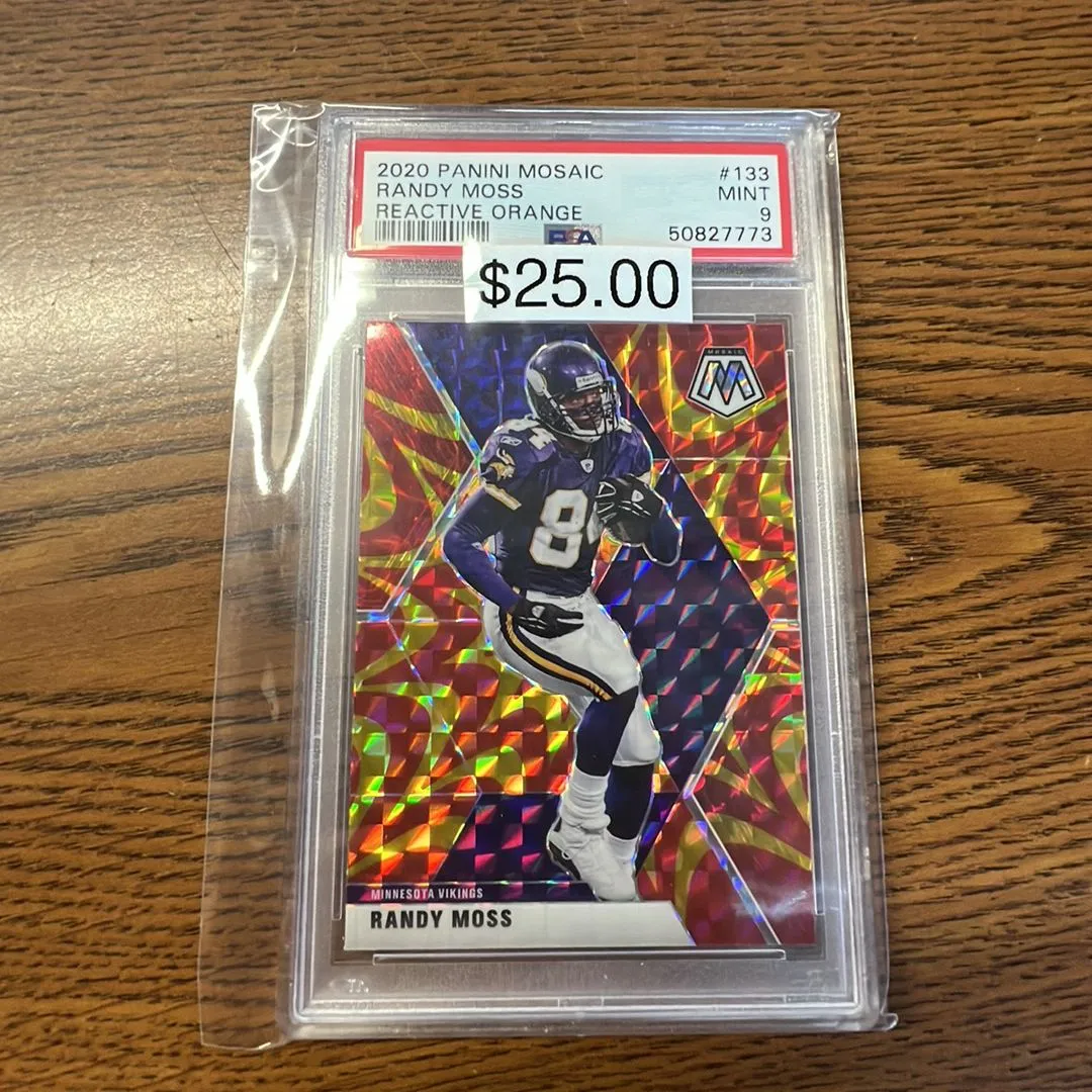 Product image for 2020 Panini Mosaic Randy Moss 133 Reactive Orange PSA MINT 9