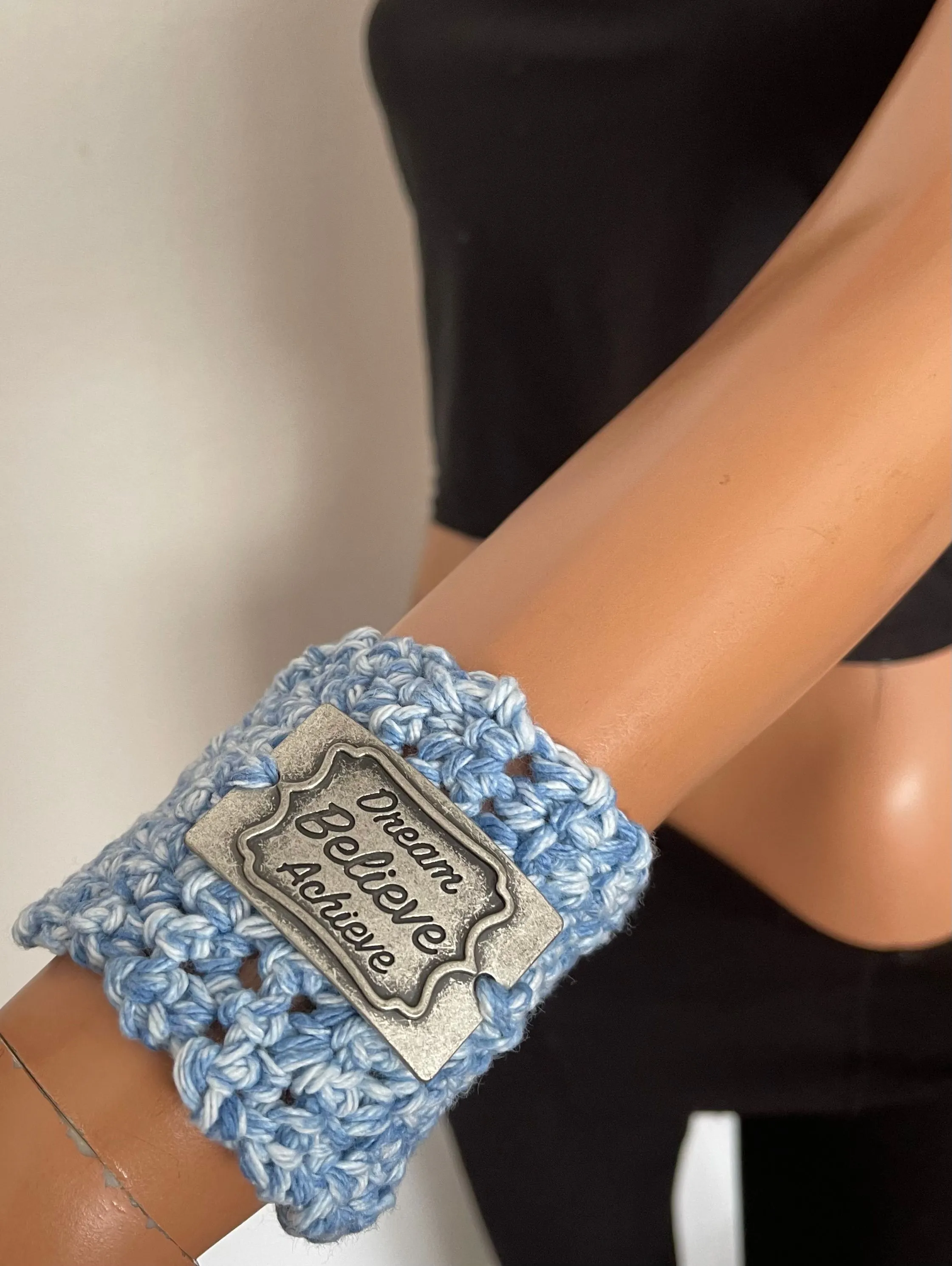 Product image for Hand Knits 2 Love Crochet Cotton Bracelet Positive Message Pendant Dream Believe Achieve Pendant