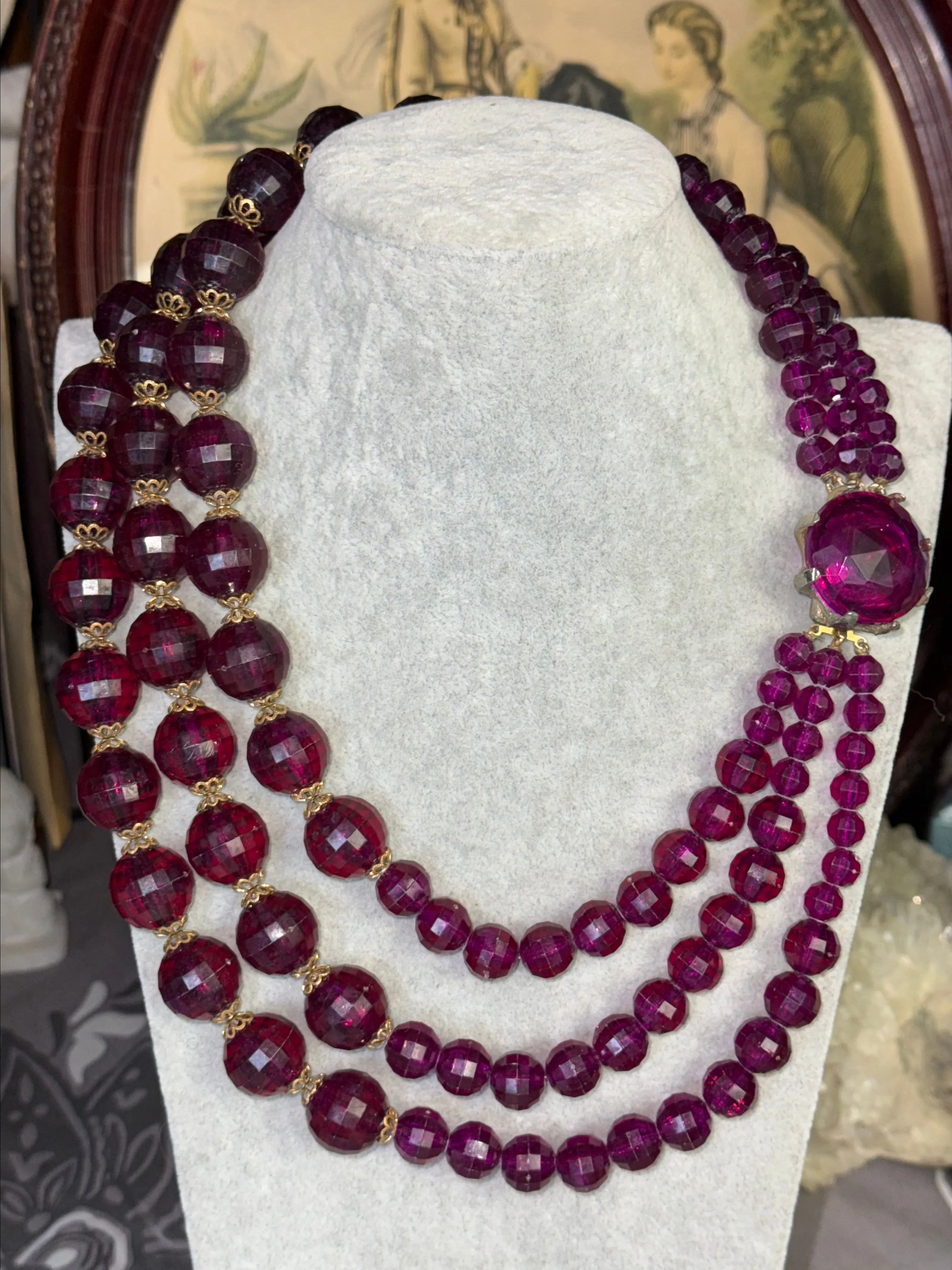 Product image for 71. Vintage Triple Strand Purple Beaded Necklace Gold Tone Accents