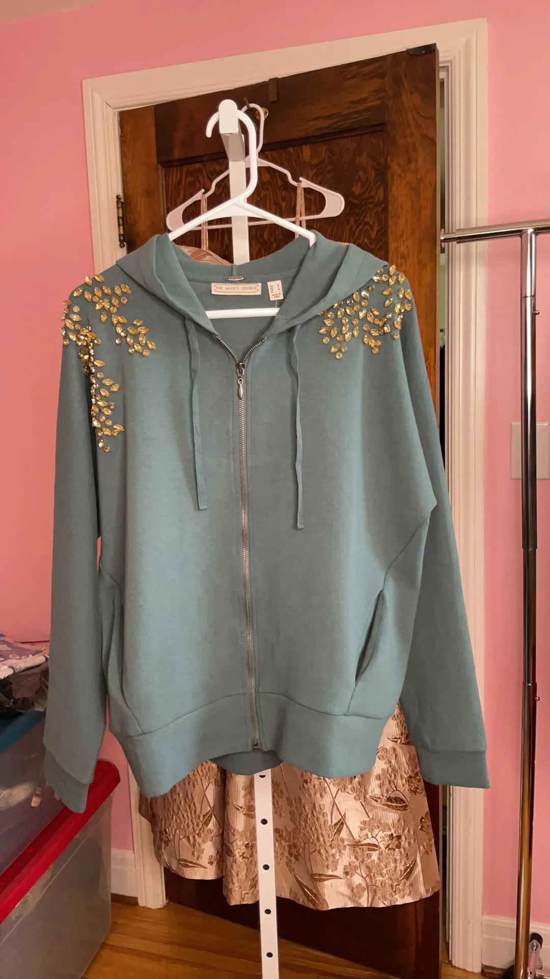 Product image for Muses Lounge Hoodie Size Medium Teal w/Gold Rhinestones NWT