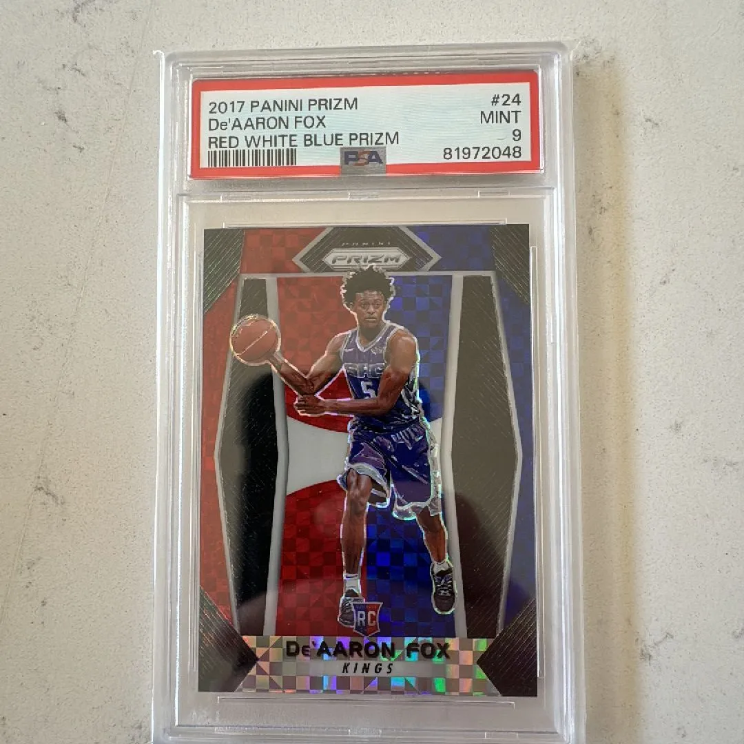 Product image for 2017 Panini Prizm De'Aaron Fox 24 Red White Blue Prizm PSA MINT 9