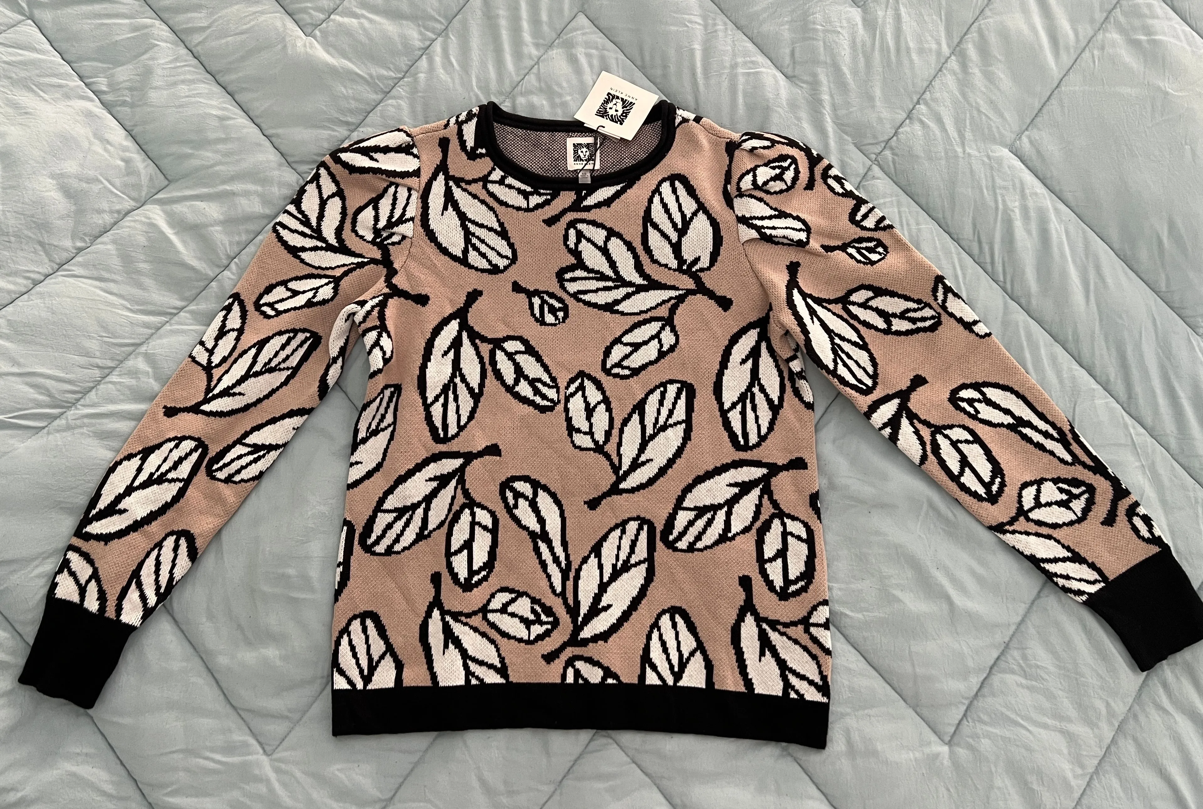Product image for Anne Klein Leaf Print Jacquard Crewneck Sweater