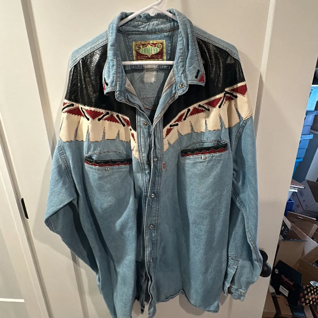 Product image for Vintage Shooter Denim Pearl Snap Native Western Faux Leather Cowboy Jacket - XL