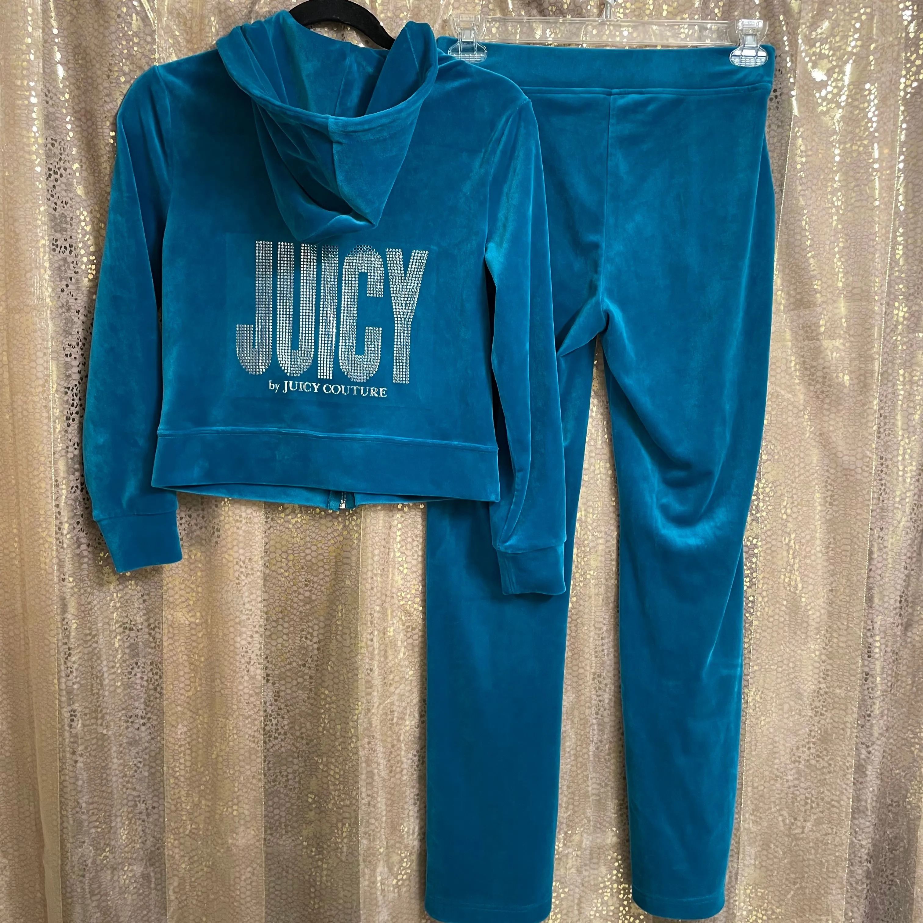 Product image for Juicy Couture Teal Velour Zip Hoodie Lounge Pants Silver Logo Set Small