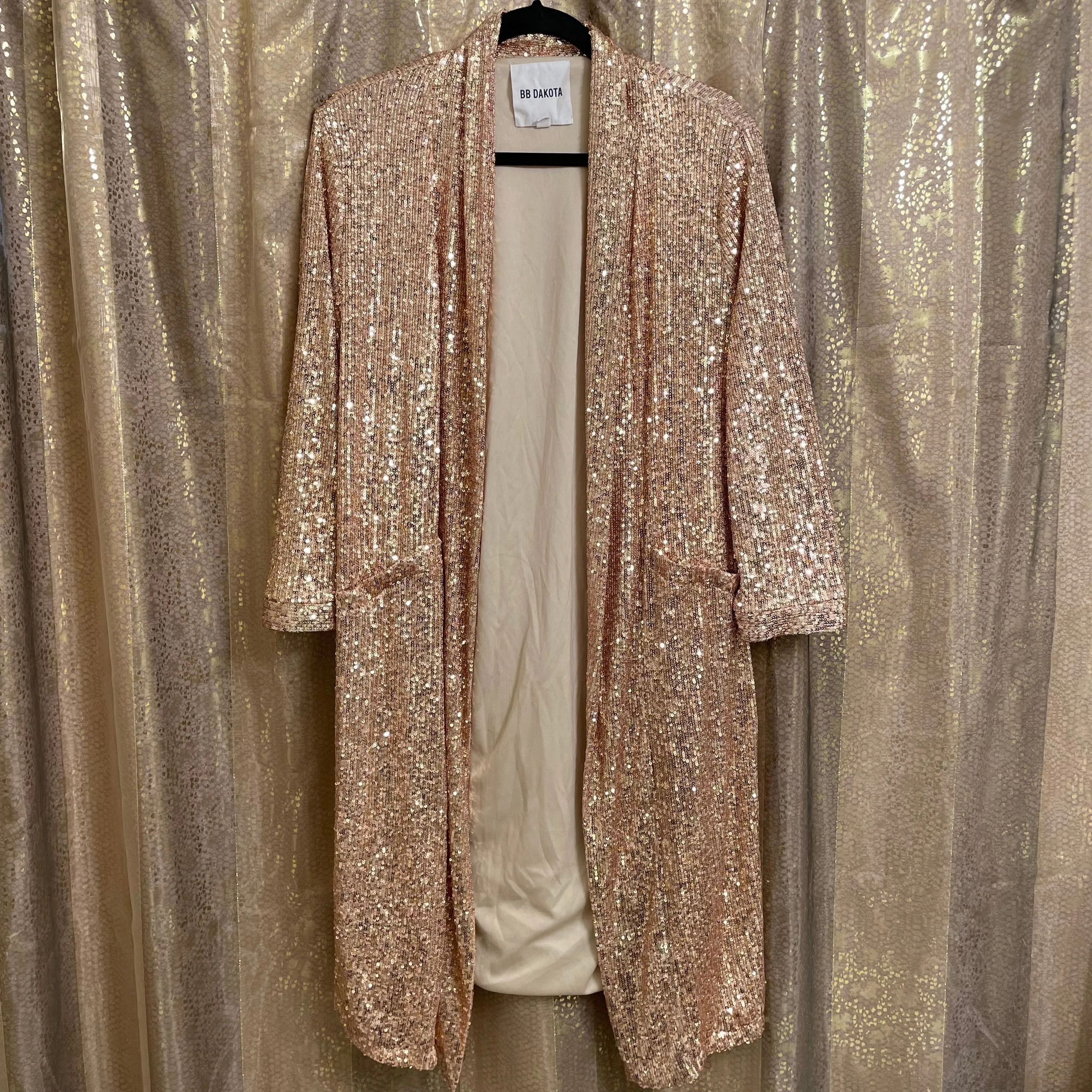 Product image for Anthropologie BB Dakota Sparkly Sequin Rose Gold Open Cardigan Duster XSP