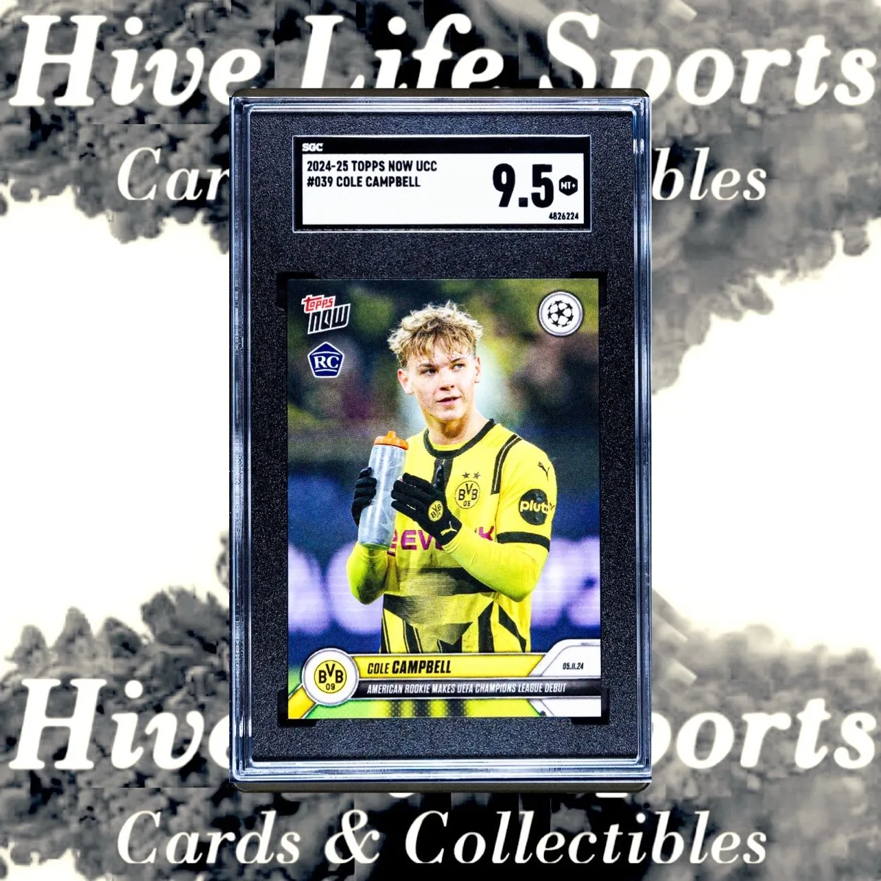 Product image for Cole Campbell 2024-25 Topps Now UCC RC #39 Borussia Dortmund SGC 9.5
