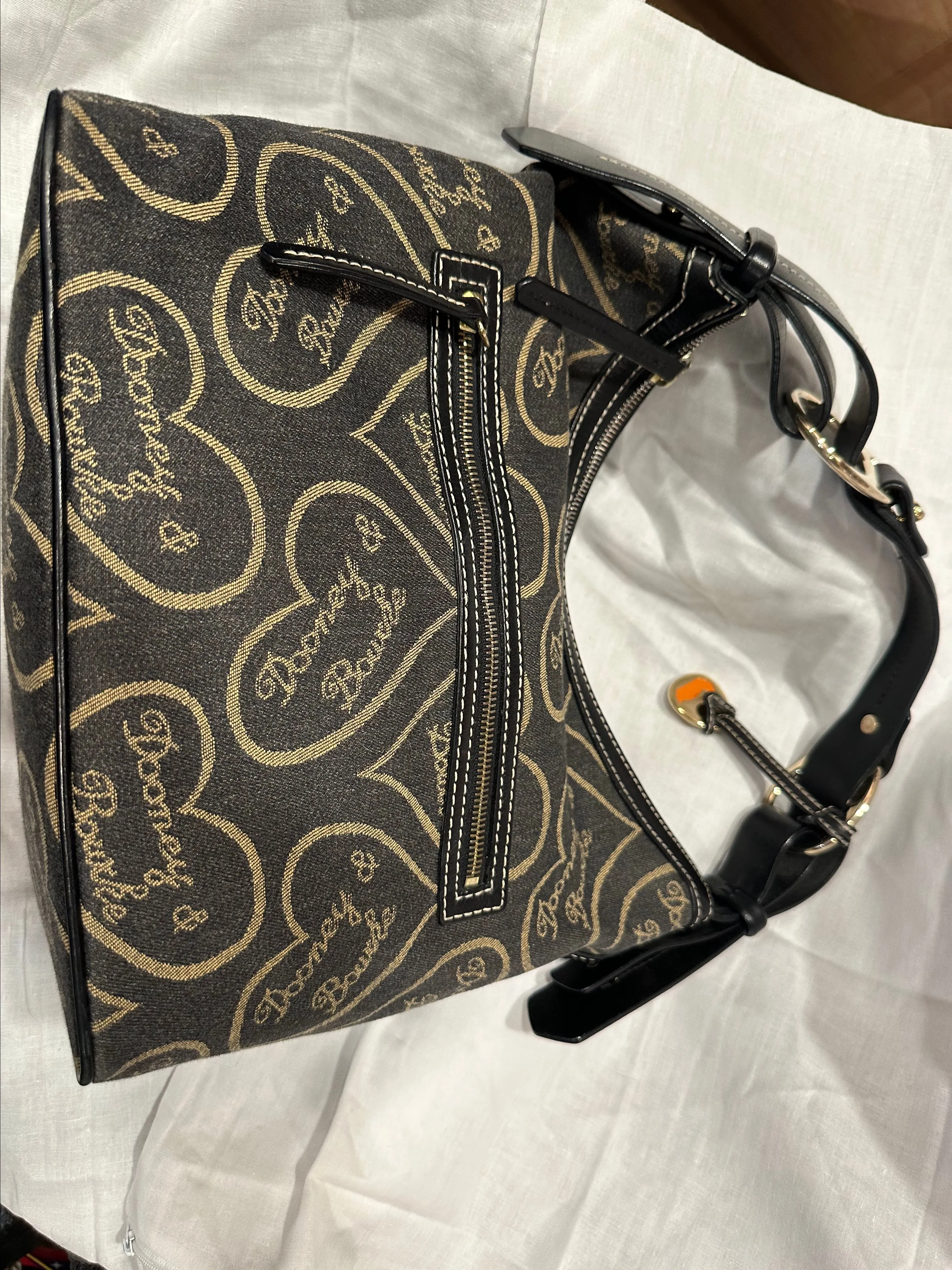 Product image for Dooney Bourke Denim Hearts Charcoal w/Gold Heart Signature Shoulder - NWOT
