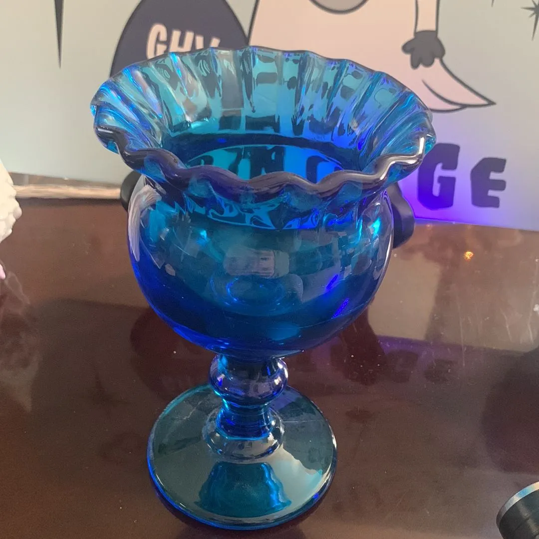 Product image for Vintage dark blue vase/ candy dish with ruffled edge