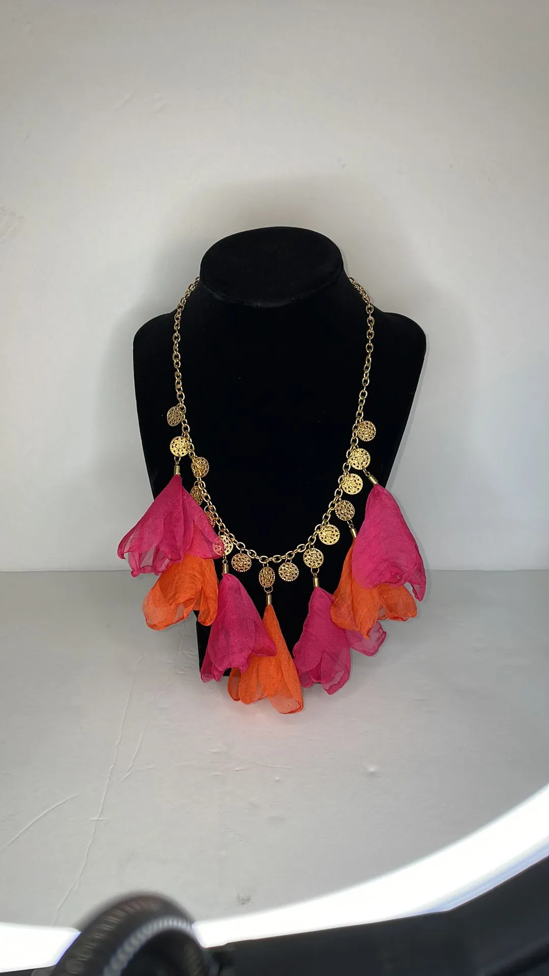 Product image for Orange Pink Flower Gold Tone Necklace