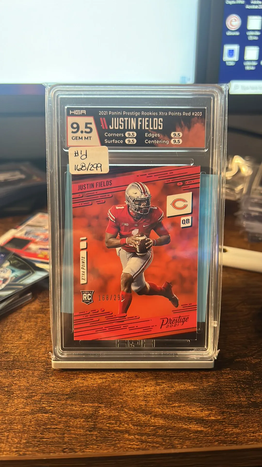 Product image for 2021 Prestige Roomie Xrtra Points Red Justin Fields Rookie 168/299 HGA 9.5