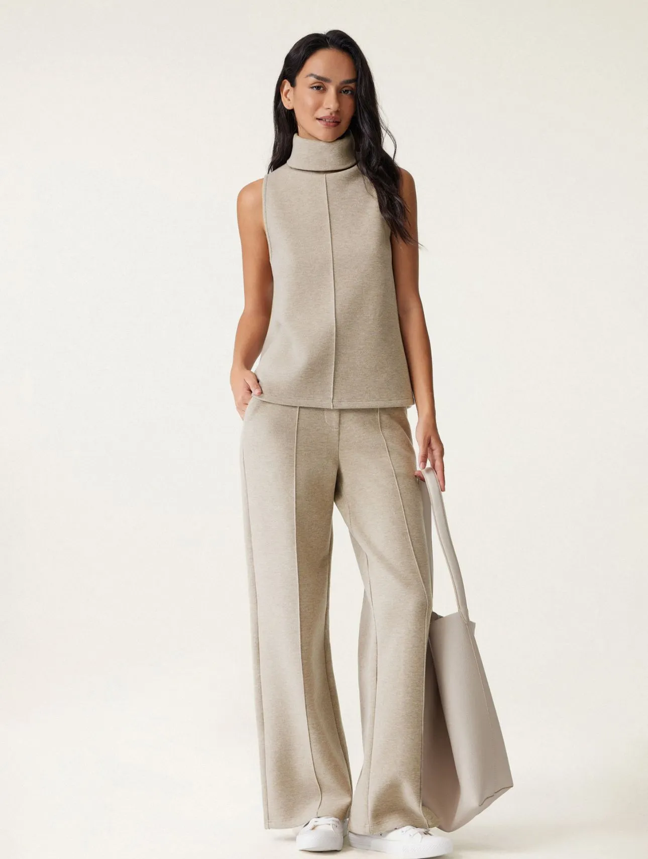 Product image for FuzzLuxe 2Pcs Set Split Hem Top & High Waisted Straight Leg Pant - Heather Morganite