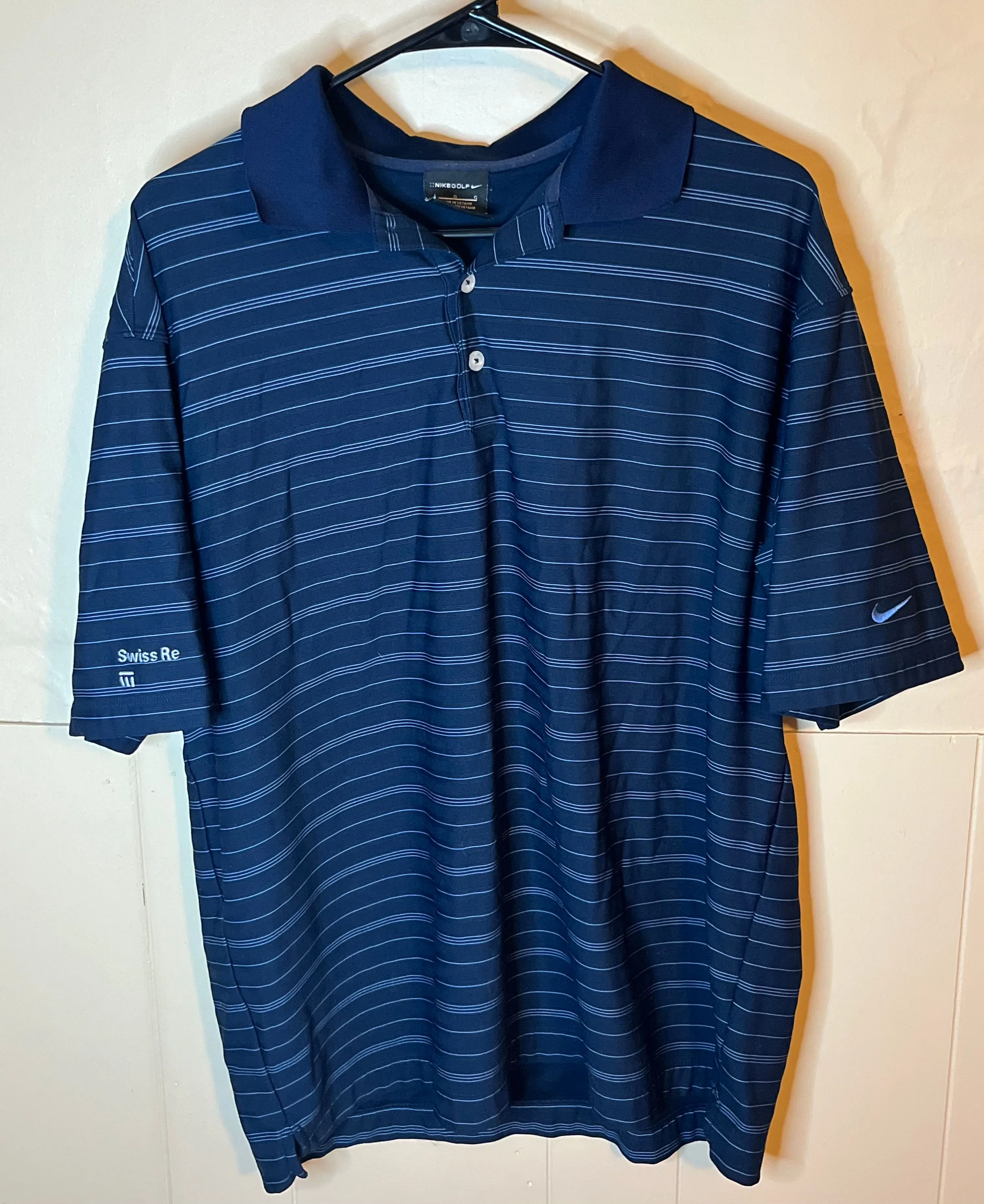Product image for Nike Golf Polo Shirt Mens Large Dri Fit Tech Tonal Band Blue Collared Striped
