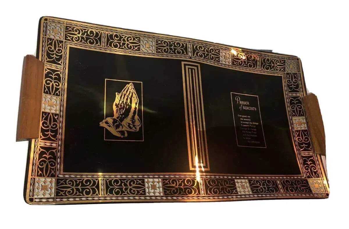 Product image for Vintage MCM black and gold glass tray serenity prayer
