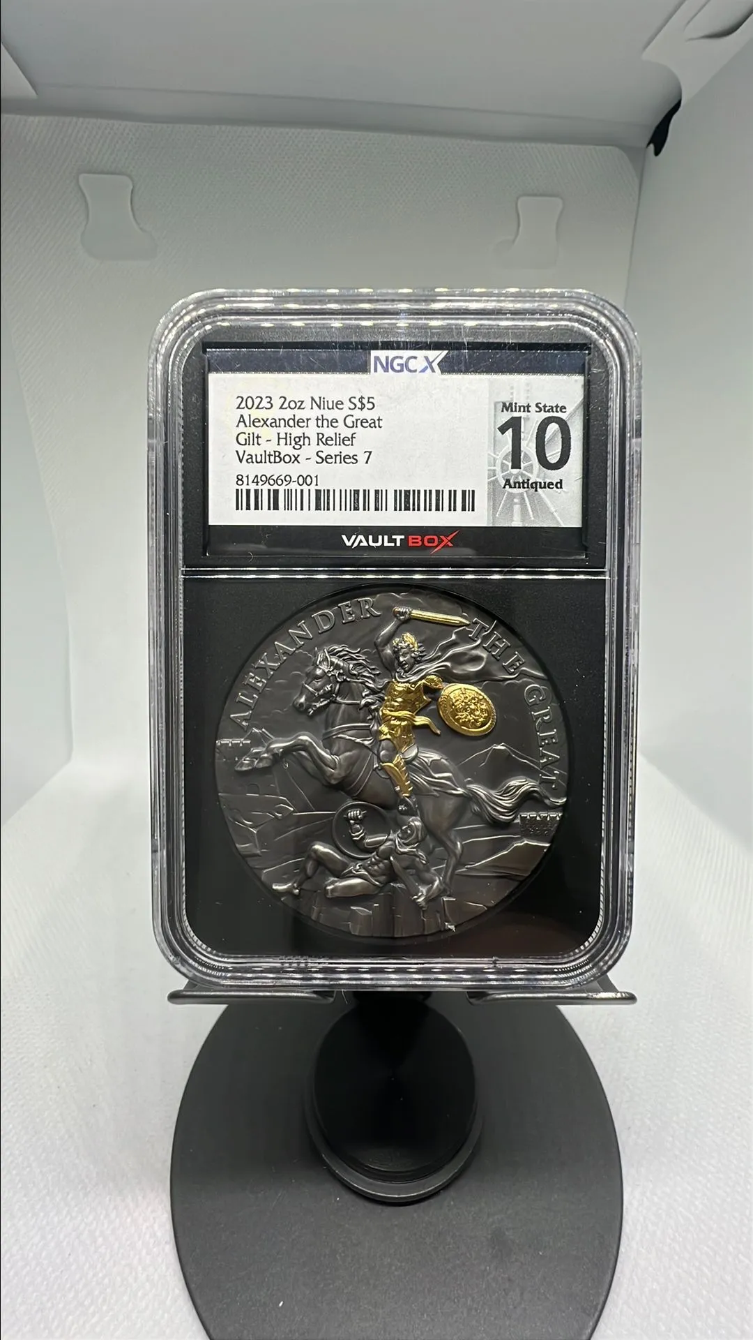 Product image for 2023 2oz Niue Alexander the Great Gilt High Relief Vaultbox Series 7 NGCX 10 Antiqued