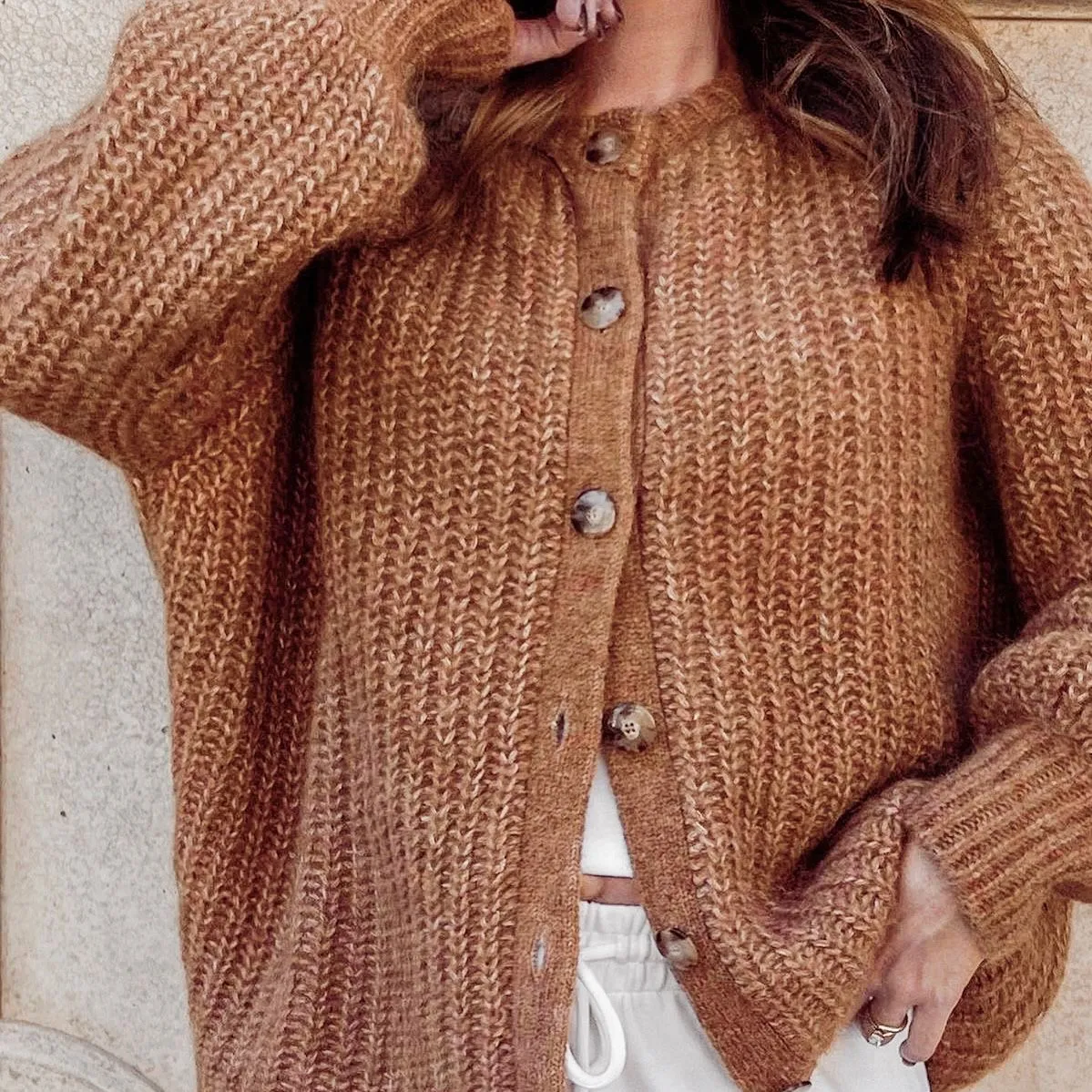 Product image for 1. Chunky Knit Button Front Crewneck Cardigan Medium