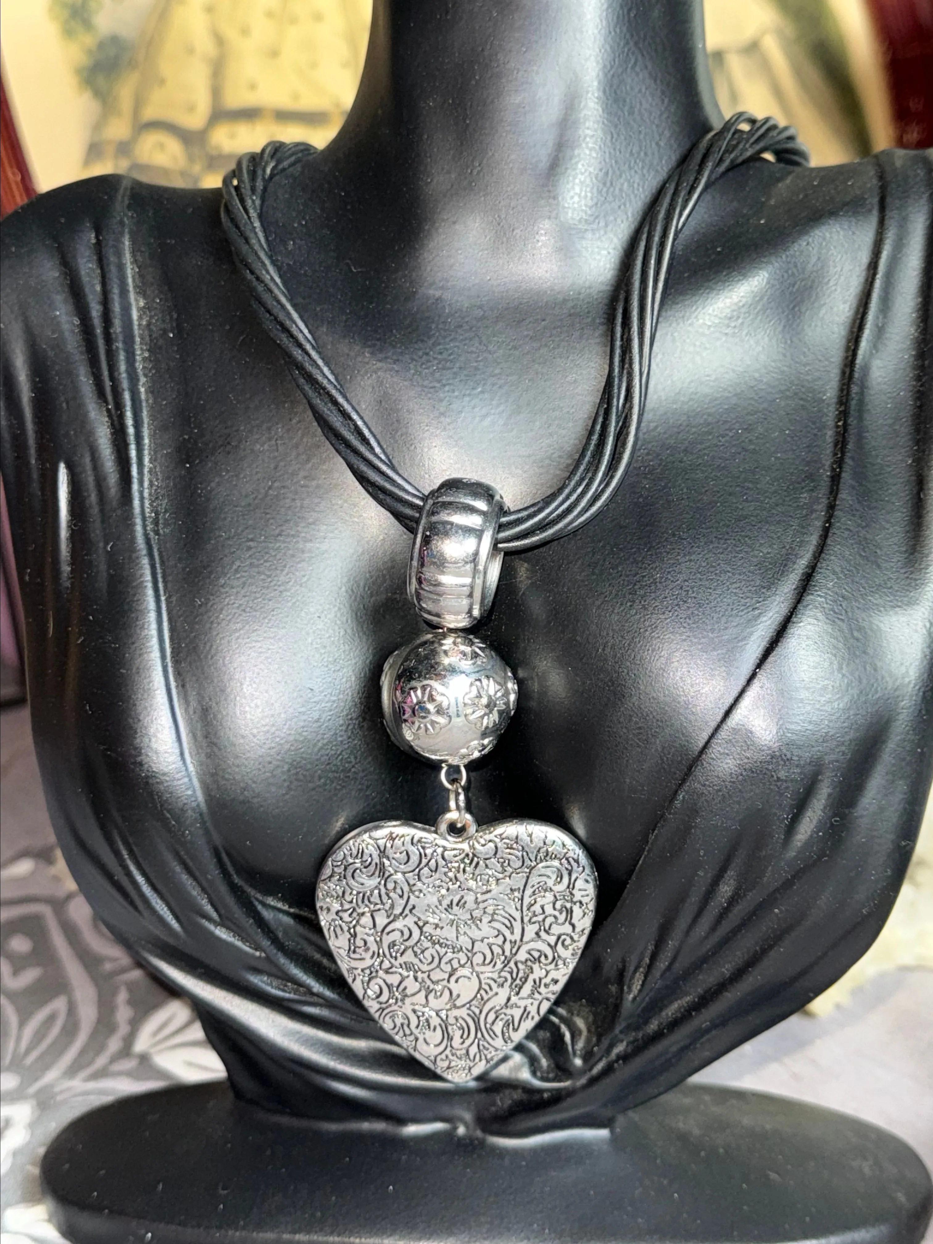 Product image for 67. Black Heart Pendant Necklace Adjustable Faux Leather Cord