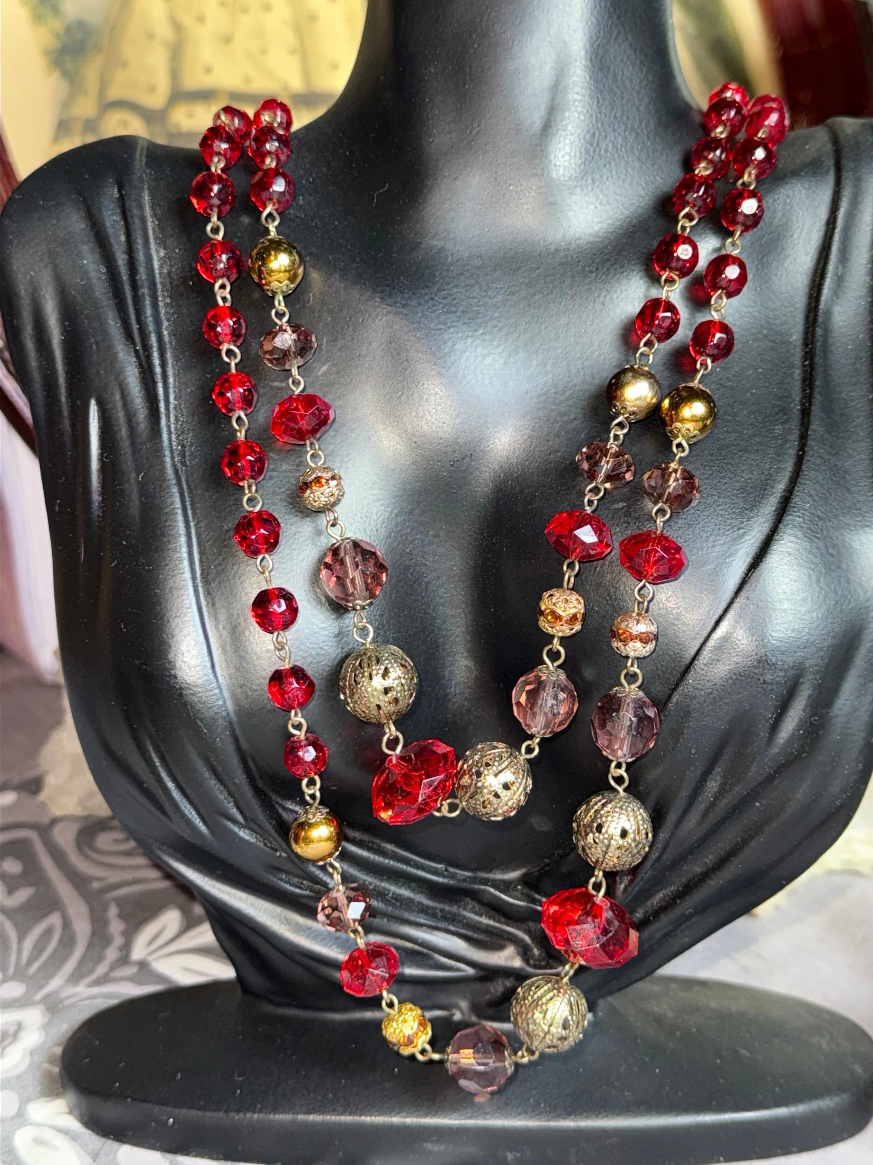 Product image for 68. Vintage Red Faceted Glass Beaded Necklace with Gold Tone Accents