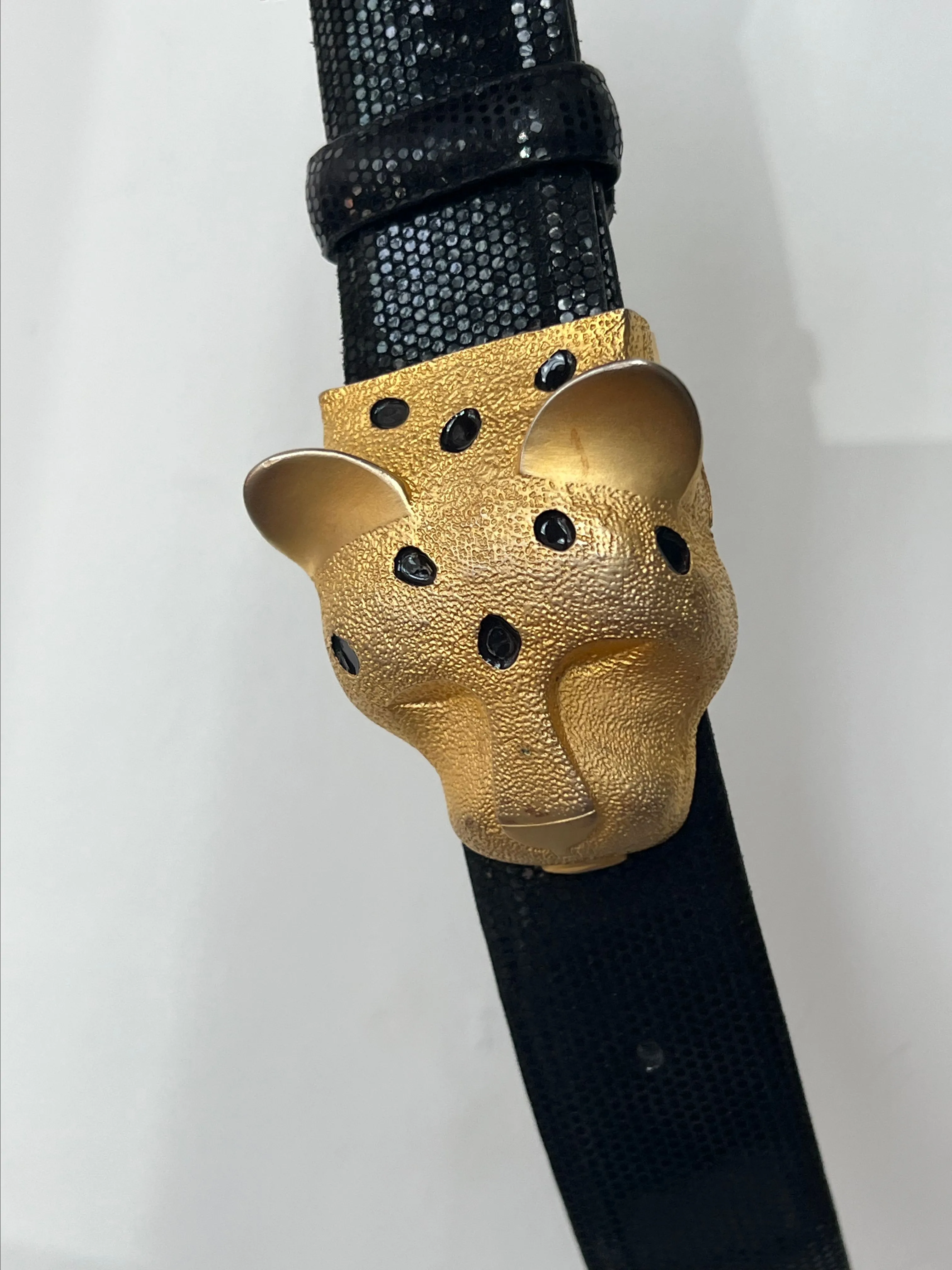 Product image for Black Leather Vintage Belt with Gold Cheetah Head Buckle