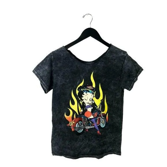 Product image for Betty Boop T Shirt Cartoon Character Stone Wash Motorcycle Graphic Tee Top Small