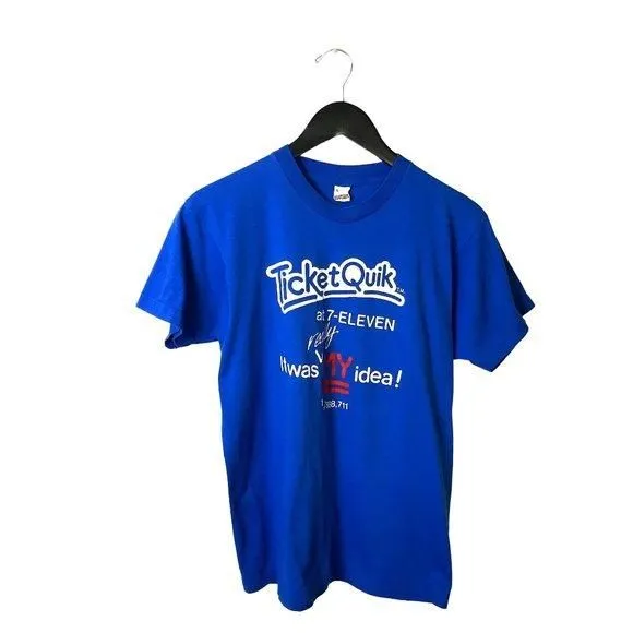 Product image for 80s Vintage Ticket Quik 7-Eleven T Shirt Blue Medium M Statement Single Stitch