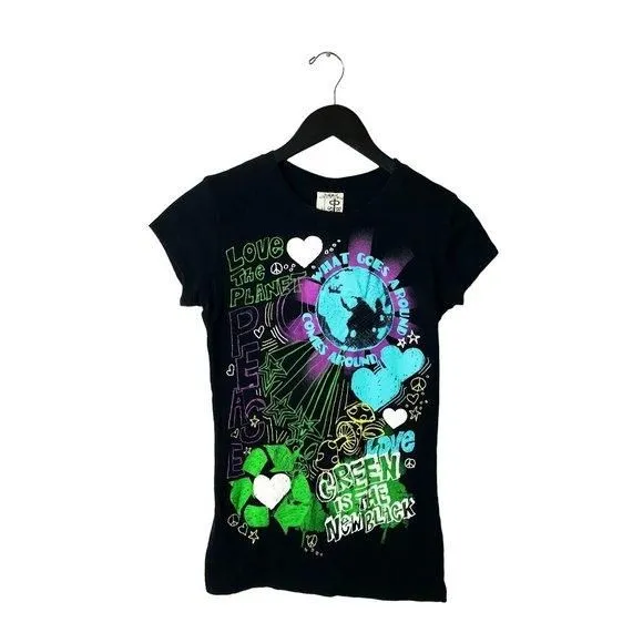 Product image for Bitter Sweet Love The Planet T Shirt Womens Black Extra Small Neon Art World XS