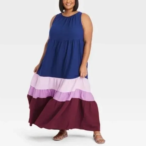 Product image for Ava & Viv Women's Plus Size Sleeveless Colorblock Tiered Dress -Navy Blue