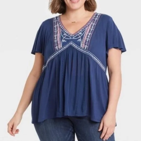 Product image for (XS)- Knox Rose Short Sleeved Embroidered V-Neck Top
