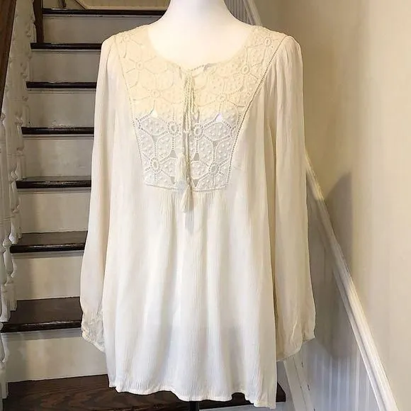 Product image for KRAZY KAT Women’s Ivory Crochet Tie Front 3/4 Sleeve Blouse Sz Large NWT