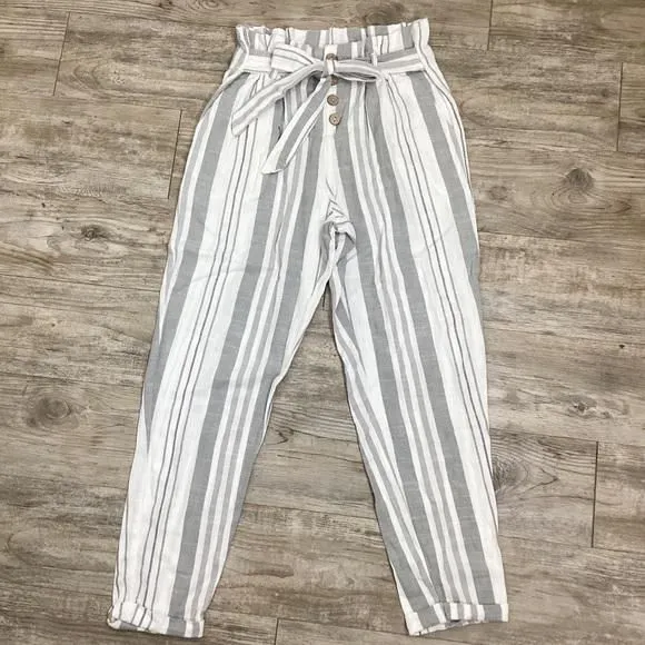 Product image for Hot Kiss Women’s Gray White Stripes Slim PaperBag Pants Exposed Button Fly
