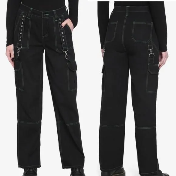 Product image for Hot Topic Women’s Black with Green Stitching Cargo Carpenter Pants Suspenders