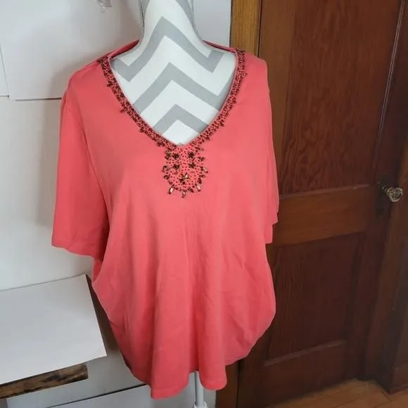 Product image for Womans Liz & Me Salmon Beaded V neck T-shirt Size  3X 26-28