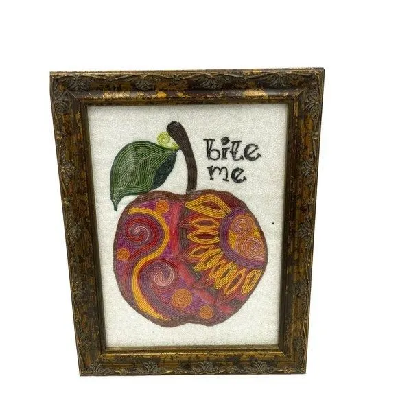 Product image for Framed Apple Art Handcrafted Multimedia Beaded Detailed Fruit Decor "Bite Me"